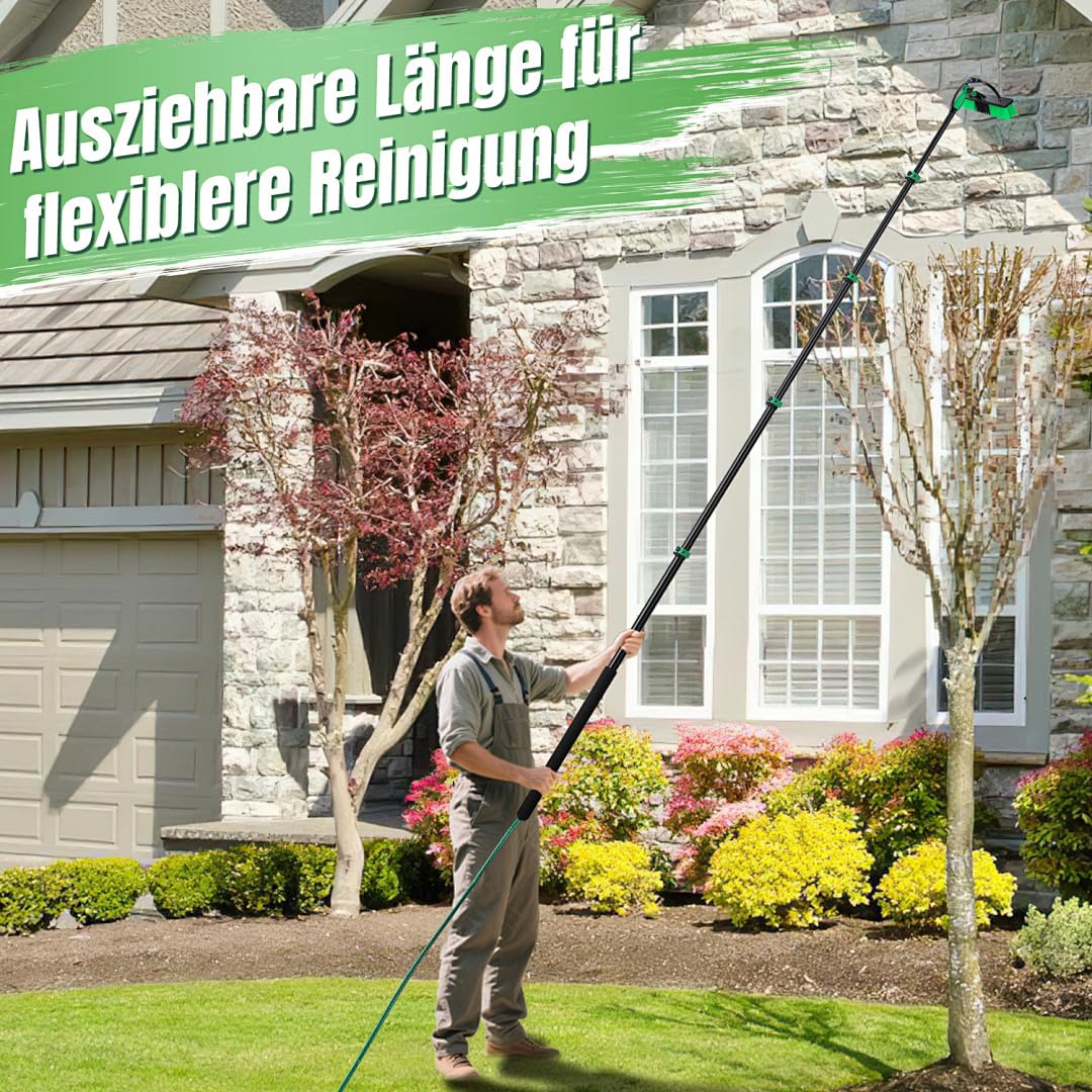 Teleskopbürste 4,8m Alu mit Wasseranschluss | Fensterputzer Set mit 360° Drehdüse, Hochdruckadapter & 10-in-1 Zubehör