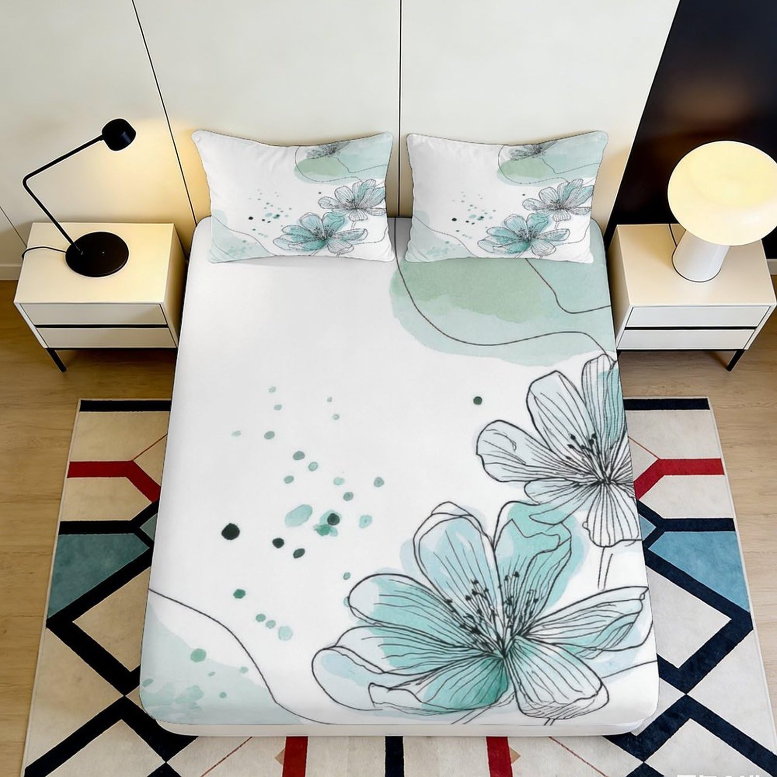 Jqzkxnhpbr Style-10 3D Printed Watercolor Floral Fitted Sheet Microfiber Soft Green Blossom Mattress Cover Anti-Slip Bedroom Decor Easy Care For Home Guestroom 90X200x25cm