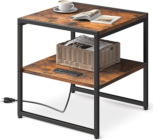 Tatub Mesa auxiliar de 20 pulgadas con estación de carga, mesa auxiliar cuadrada industrial con puertos USB y tomas, mesita de noche pequeña