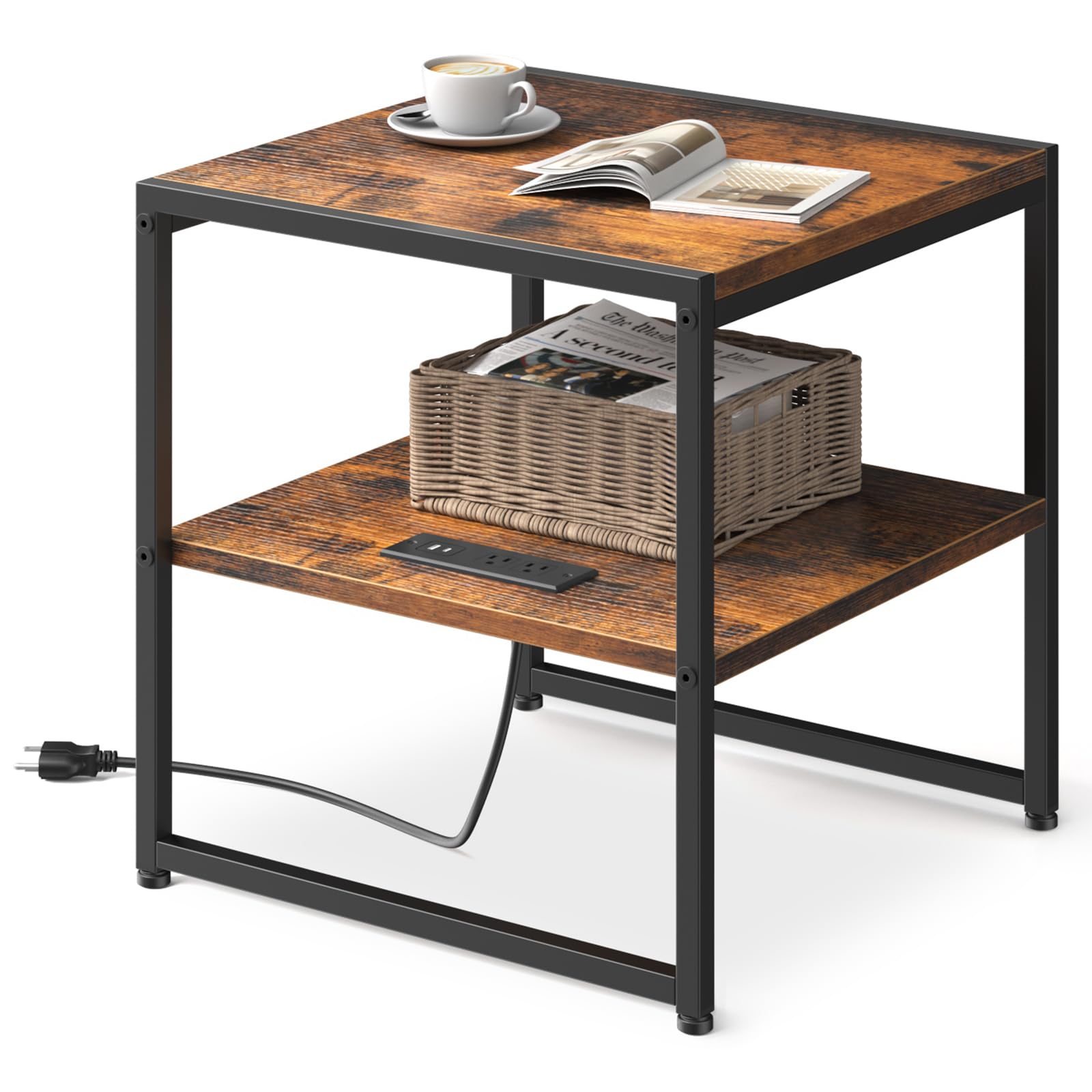 Tatub 20" End Table with Charging Station, Industrial Square Side Table with USB Ports & Outlets, Versatile 2-Tier Small Nightstand for Bedroom Living Room, Rustic Brown