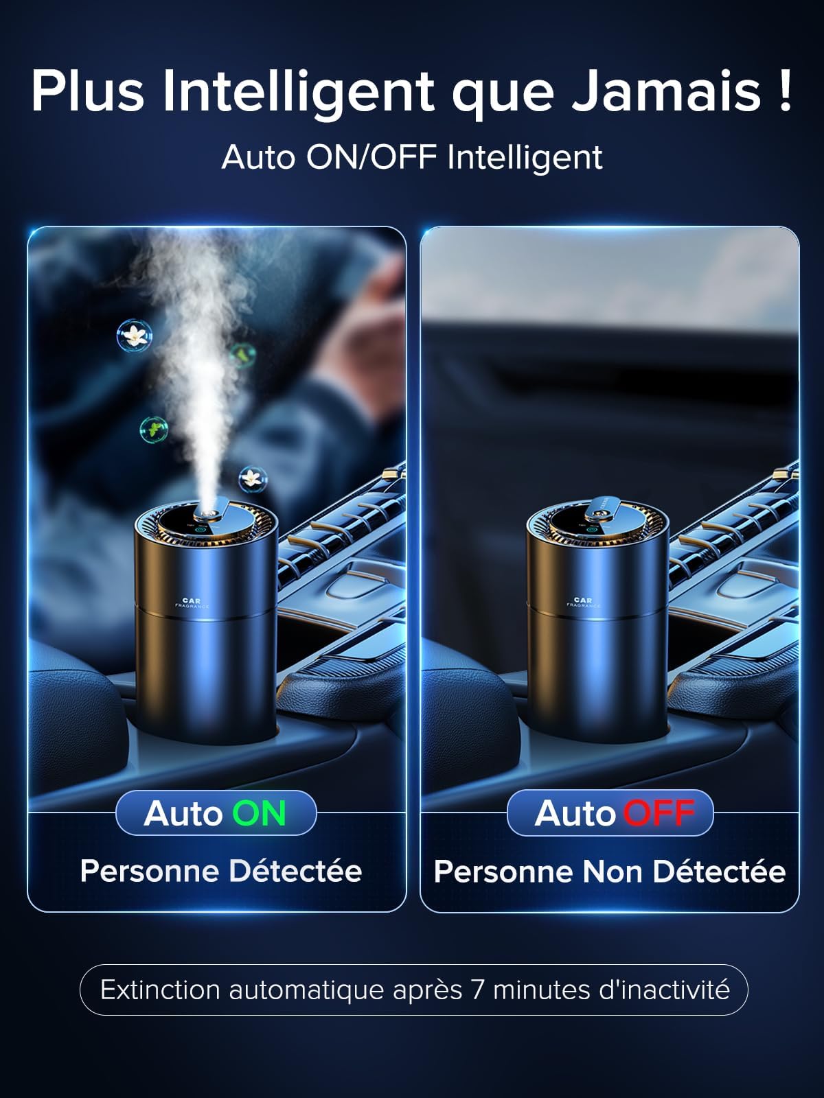 Desodorisant Voiture Ceeniu, F26 Diffuseur de Voiture, Atomiseur à Ultrasons, Concentration Réglable, Marche/Arrêt Automatique, Parfum Naturel Français 45 ML, Durée 6 Mois,Parfum de Vanille Velours