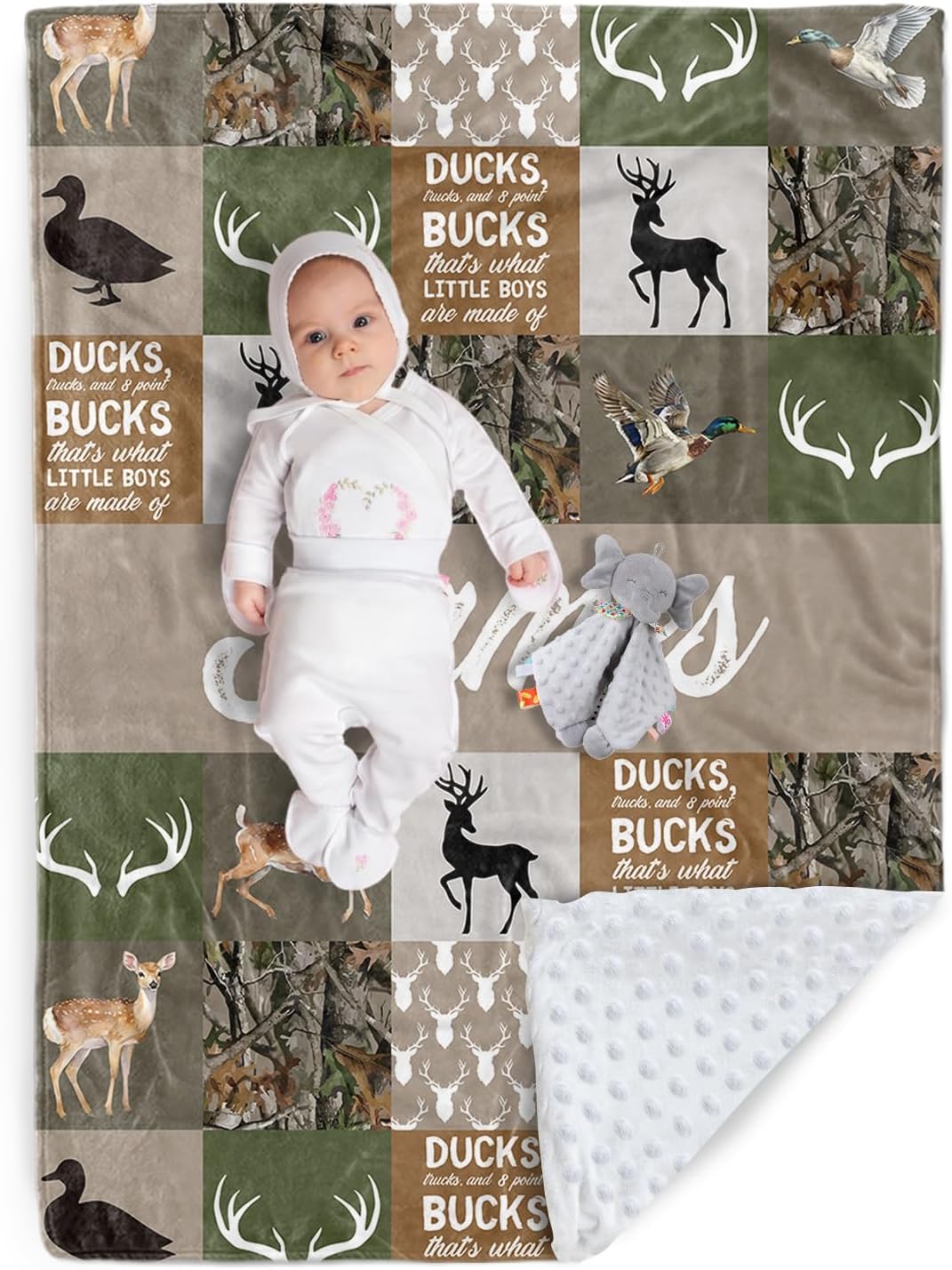 Personalized Baby Blanket - Custom Name Plaid Blankets with Deer & Duck Design - Soft Plush Flannel Blanket with Double Layer Dotted Backing for Boys Girls Gift Color07