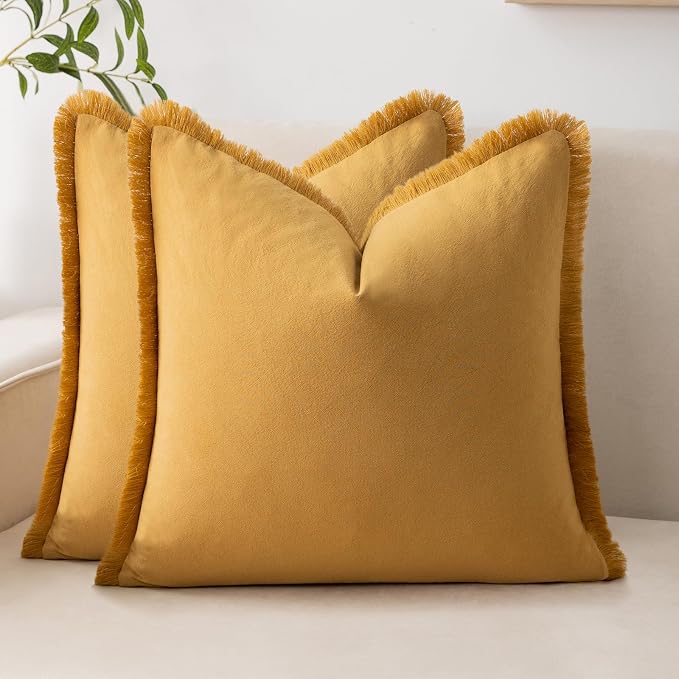 Set of 2 Square Pillow Covers, 20x20 Cotton Throw Pillow Cover with Fringe Tassel, Decorative Boho Pillow Covers Cozy Pillowcases for Couch Sofa Bed Living Room Bedroom Farmhouse Home Decor Accents