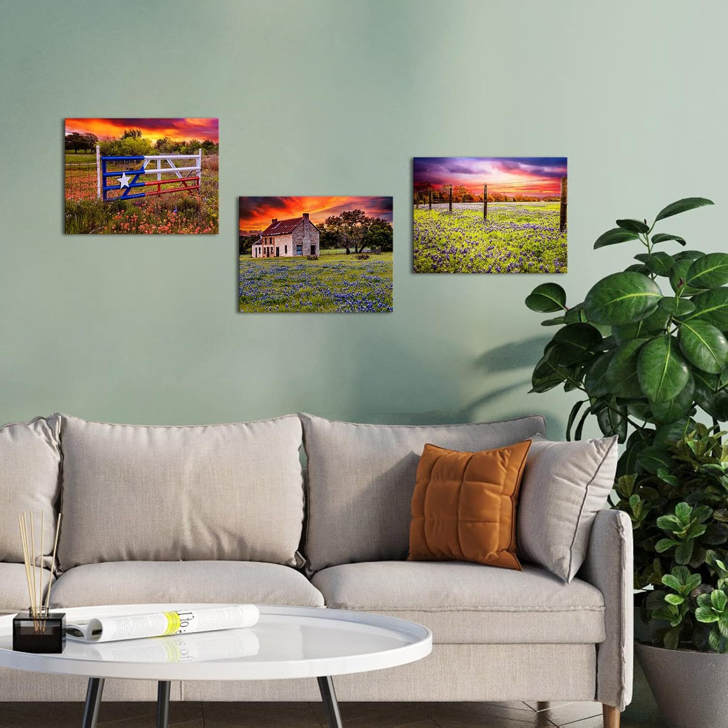 OuElegent Texas Farm Canvas Wall Art Bluebonnet Field Prints Farmhouse Landscape Painting Pictures for Living Room Kitchen Bedroom Office Home Decor Ready to Hang 3 Panels (small)