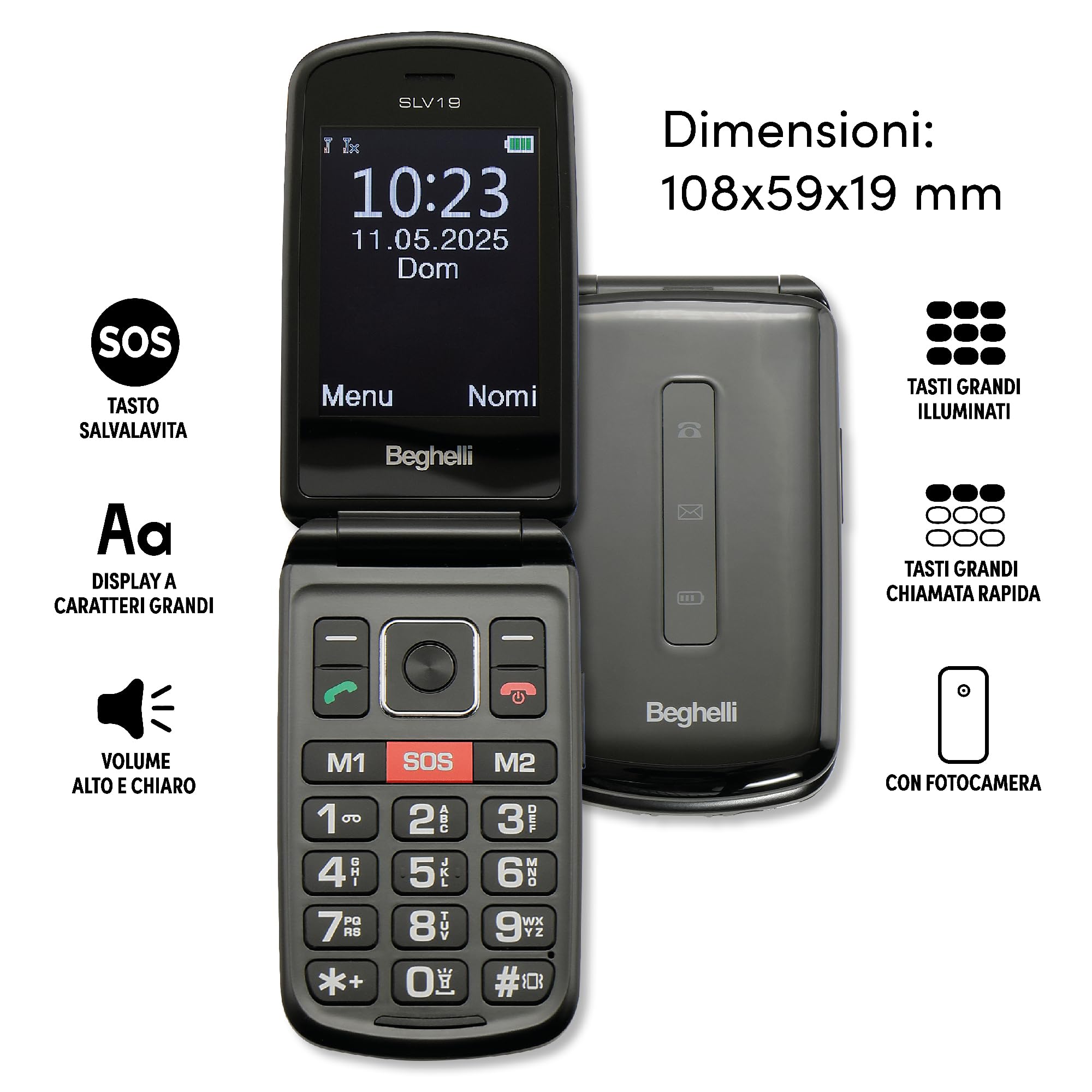 Beghelli Telefono Salvavita per Anziani, Salvalavita Phone SLV19N ECO - Telefono Cellulare GSM con Tasto SOS, Tasti Grandi Retroilluminati, Display 2.8”, Fotocamera, Torcia, Radio FM (Colore Nero)