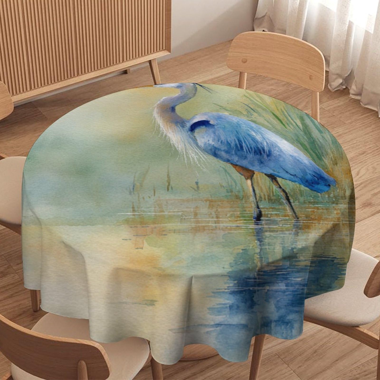 LUYYSKY Colorful Retro Blue Heron Round Tablecloth Rustic Oil Painting Spring Lake Animal Heron Pattern Washable Decor for Table Cover for Kitchen-91.4" Wx91.4 L cm
