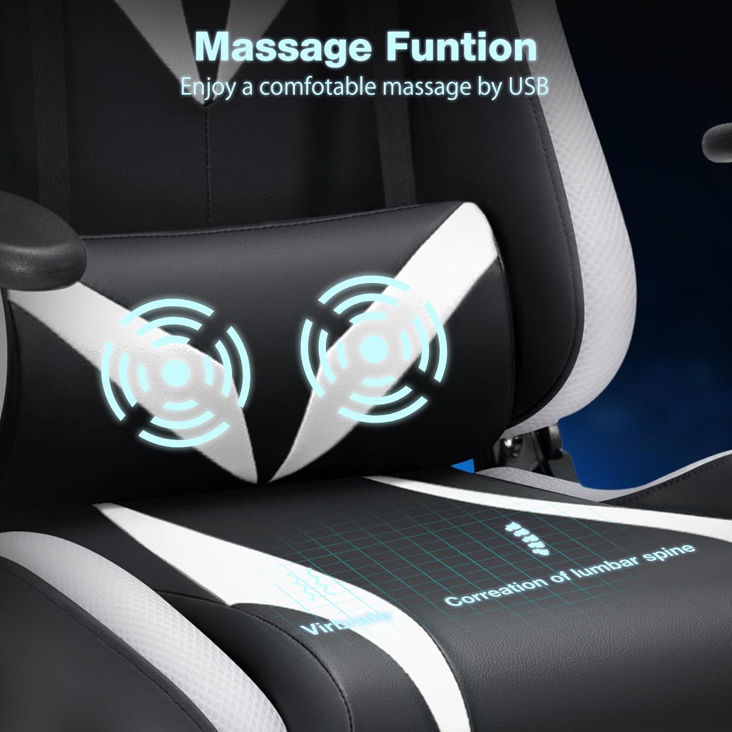 HOFFREE Gaming Chair with Bluetooth Speakers and Led Lights Massage Video Game Chair with Footrest Reclining High Back Computer Gamer Chair White and Black