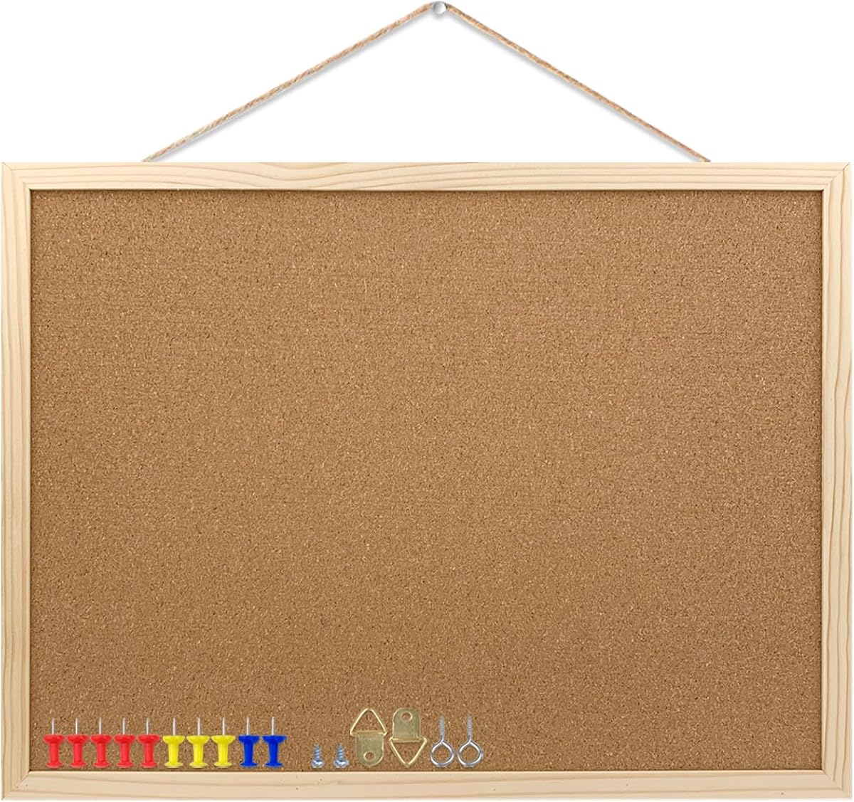 Cork Bulletin Board, 17.7X 13.3 Inches with Oak Wood Finish Frame, Wall Mounted for Office Home and School(Pins, Eye Bolts, gaskets, Screws)