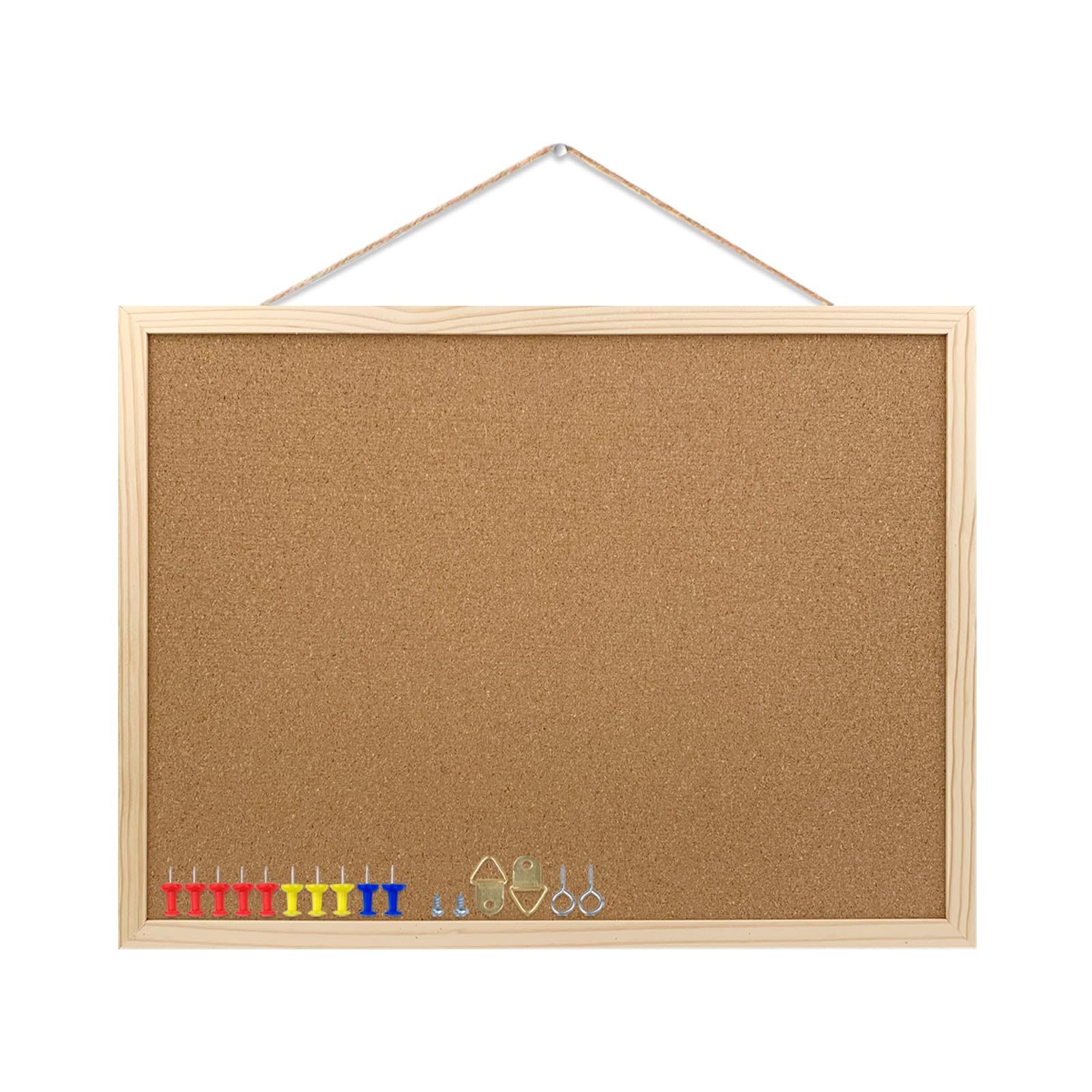 Cork Bulletin Board, 17.7X 13.3 Inches with Oak Wood Finish Frame, Wall Mounted for Office Home and School(Pins, Eye Bolts, gaskets, Screws)
