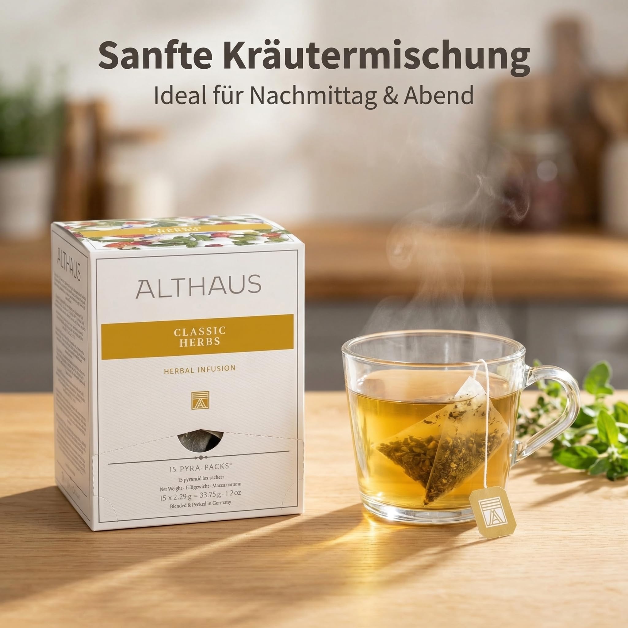 6 Packungen ALTHAUS Classic Herbs Kräutertee, Pfefferminze-Kamille-Salbei, Koffeinfrei, je 15 Pyramidenbeutel à 2,25 g
