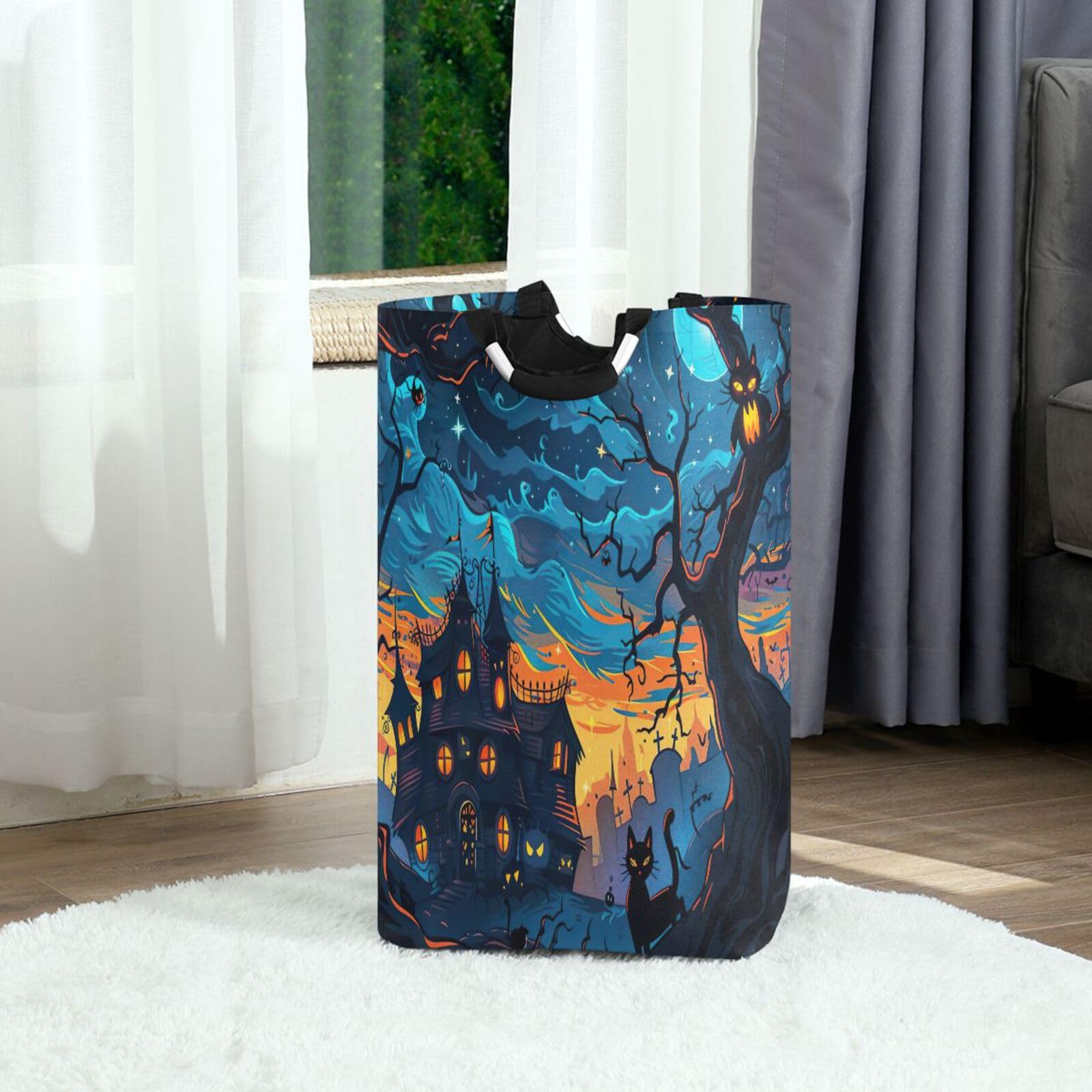 Jihqo Laundry Hamper Basket Halloween Castle Collapsible Nursery Storage Bin Waterproof Clothing Baskets for Home Bedroom Bathroom Washing Room