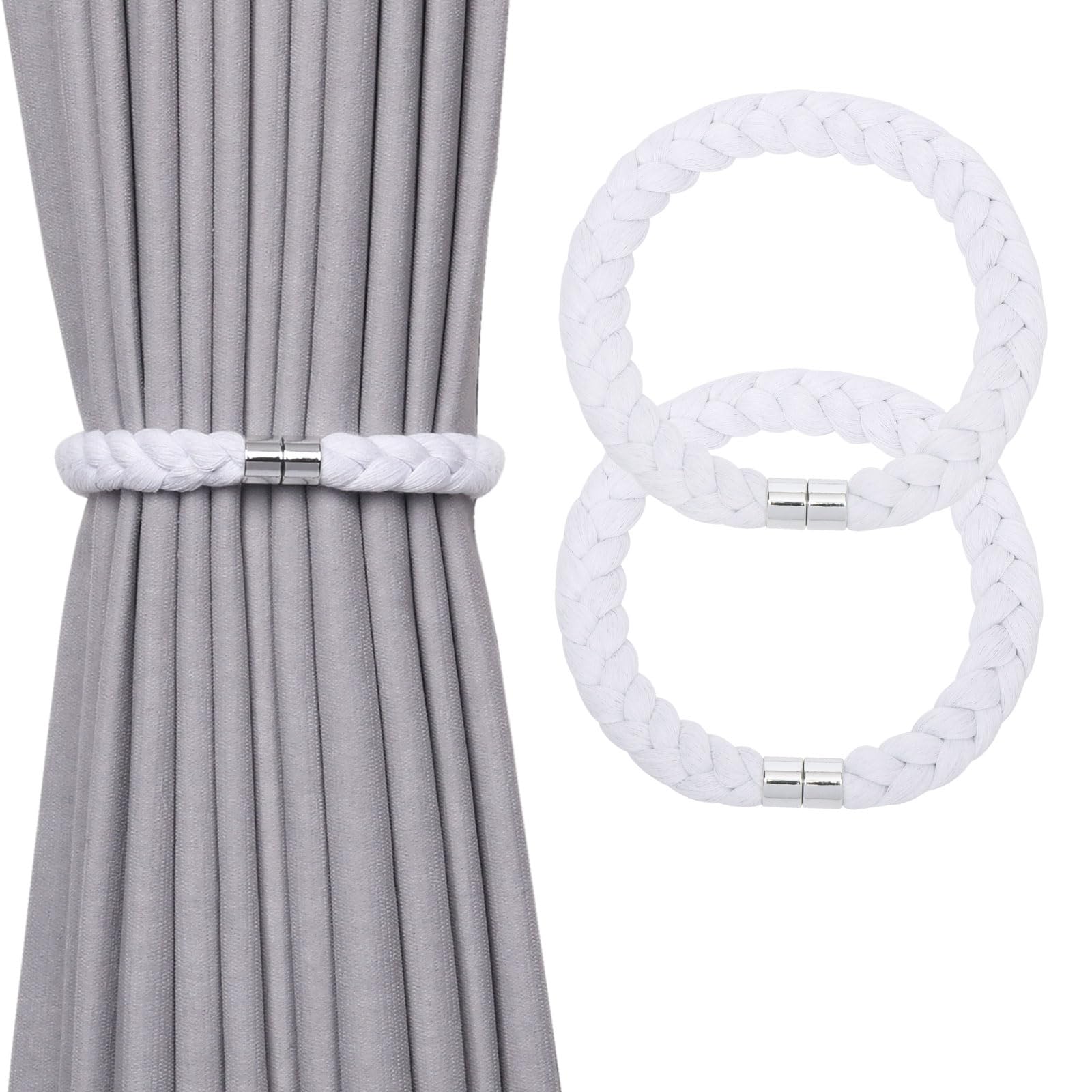 Pretty Jolly 2 Pack Natural Cotton Rope Magnetic Curtain Tiebacks Elegant Twisted Braid Style Drape Tie Backs Soft Hand-Woven Rope Curtain Holdbacks for Home & Office Window Draperies (White-01)
