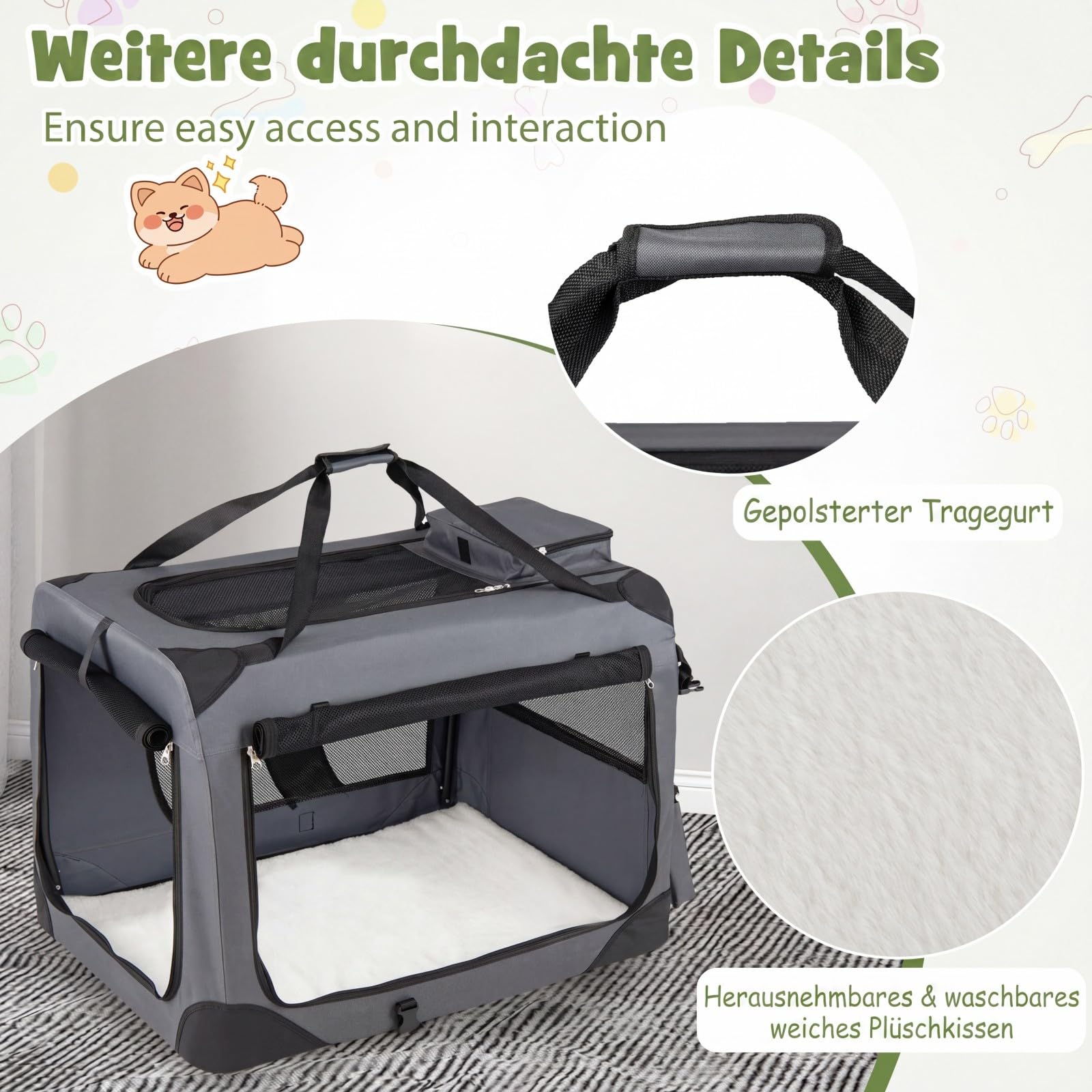 COSTWAY Hundebox Auto, Transportbox Hund faltbar (L-83,5 x 58 x 58 cm,Grau) | Hundetransportbox mit Griffen, 2 Taschen & abnehmbarem Pad, atmungsaktiv und tragbar, Katzenbox aus Oxford & Metallrahmen