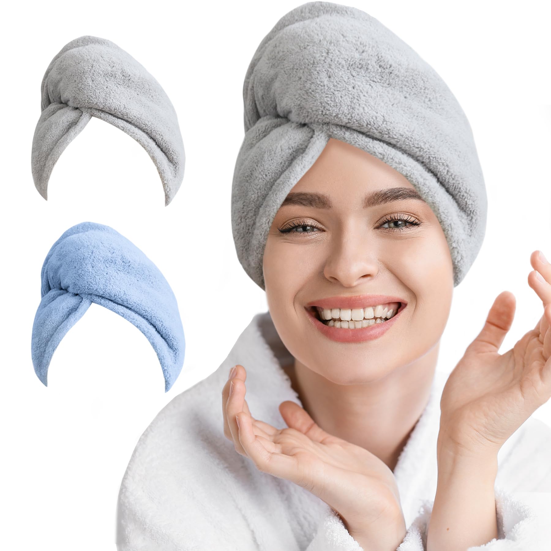 2 Serviettes Turban Microfibre - Séchage Rapide Cheveux - 65x25cm - Gris Et Rayures