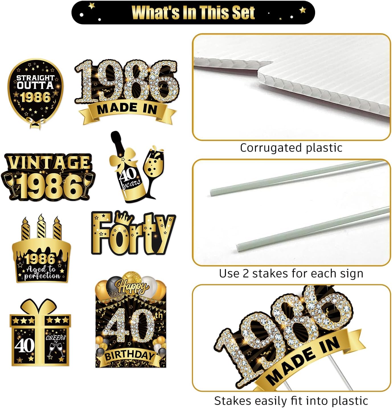 cocomigo 8pcs Black Gold 40th Birthday Yard Signs, 40th Birthday Decorations for Her Him, Lawn Signs with Stakes Made in 1986 Outdoor Lawn Sign Party Yard Decorations for Men Women Party Supplies