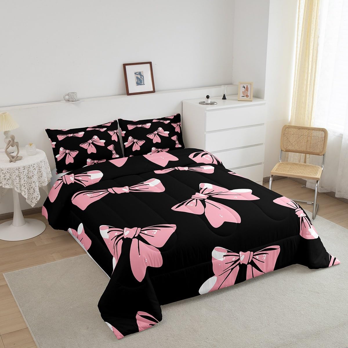 Feelyou Kids Bowknot Comforter Set Toddler Bow Bedding Set Boys Girls Fairy Princess Themed Quilt Set Black Pink Bed Set