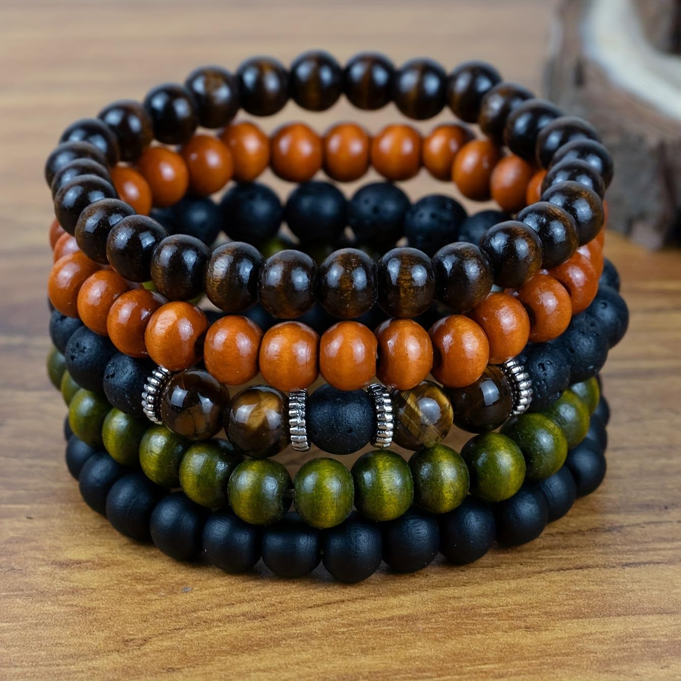 Set di 5 bracciali impilabili con Perline di Legno Occhio di Tigre - Bracciali con Perline per Uomo e Donna, bracciali Elasticizzati con Perline Rotonde da 8 mm, Braccialetti da Yoga Unisex