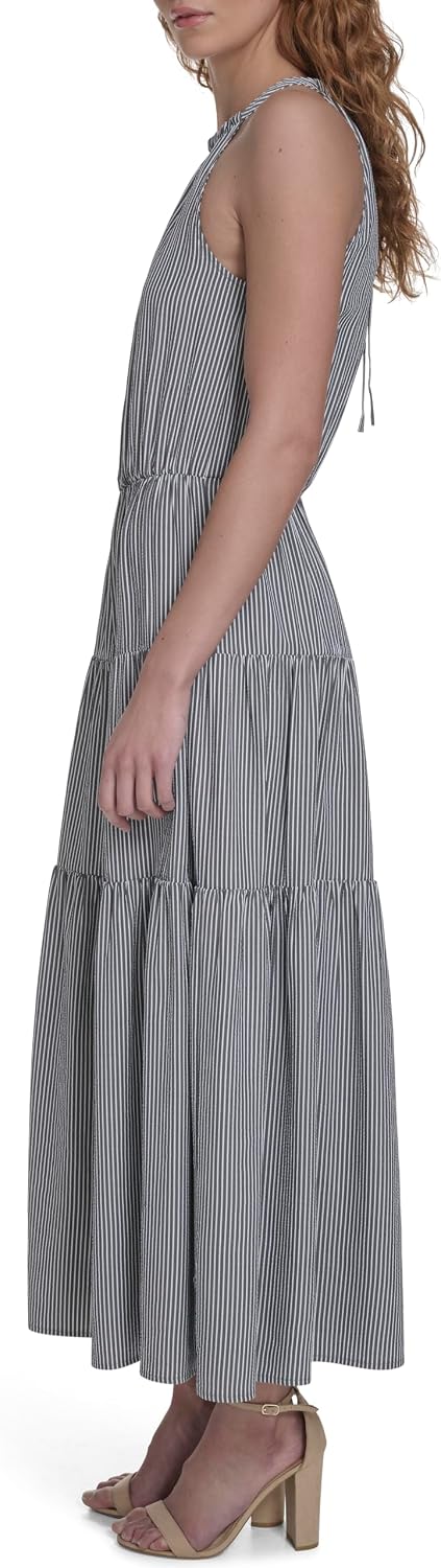 Tommy Hilfiger Women's Sleeveless Halter Neck Seersucker Tiered Skirt Maxi Dress