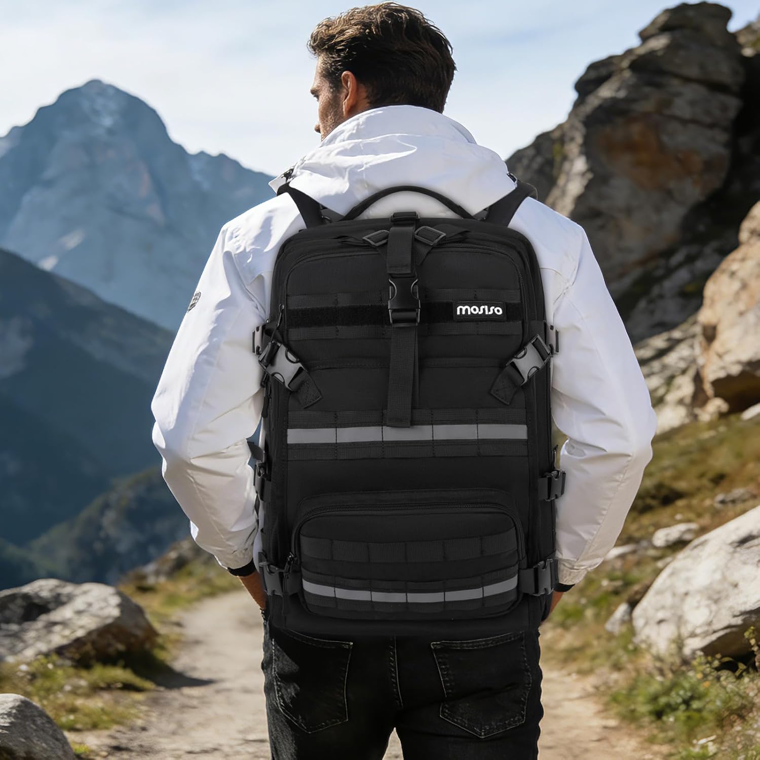 MOSISO Large Capacity Motorcycle Backpack for Men, Expandable Motorcycle Helmet Backpacks with USB Charging Port&Laptop Compartment, Tactical Backpack for Outdoor Cycling Riding Traveling, Black