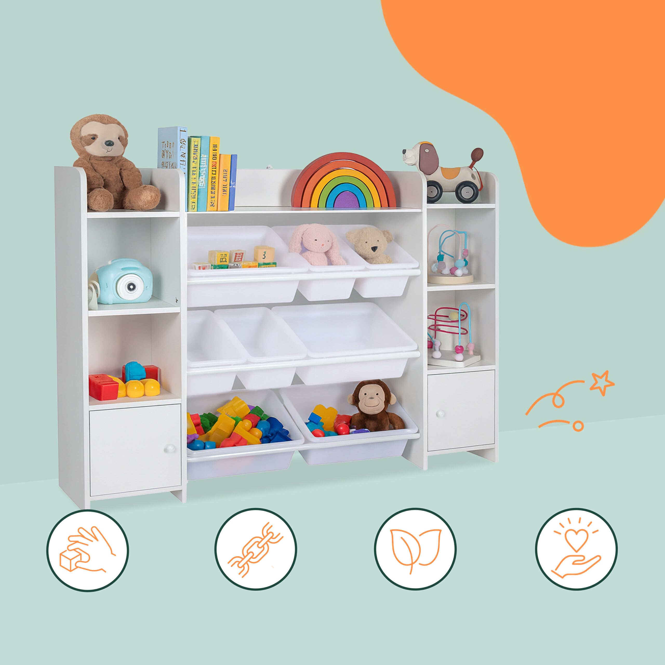 Relaxdays Scaffale Libreria per Bambini, 8 Scatole Portagiochi e Ripiani per Libri, HLP: 94x139x30 cm, MDF e PE, Bianco