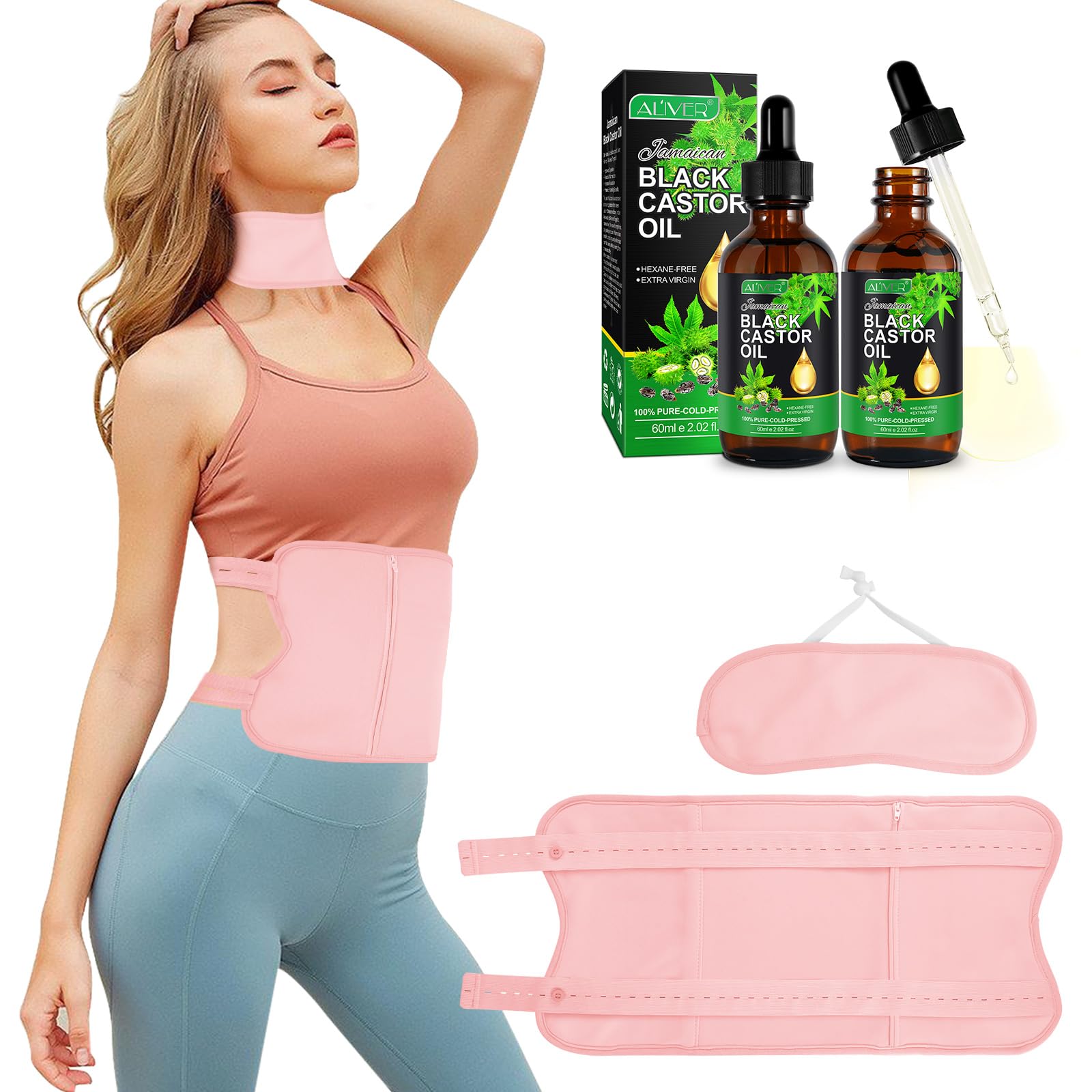 NUEDSFXO Castor Oil Pack for Liver with Adjustable Strap, Reusable Castor Oil Organic Pack Wrap for Waist and Neck, for Thyroid, Stomach Kit, Deeper Sleep, Less Stress (Castor Oil Included) (Pink)