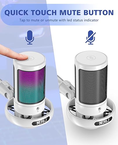 Miniatura 2 de NJSJ Micrófono USB para PC, micrófono de juegos para PS4PS5Macteléfono, micrófono de condensador con silencio táctil, iluminación RGB brillante,