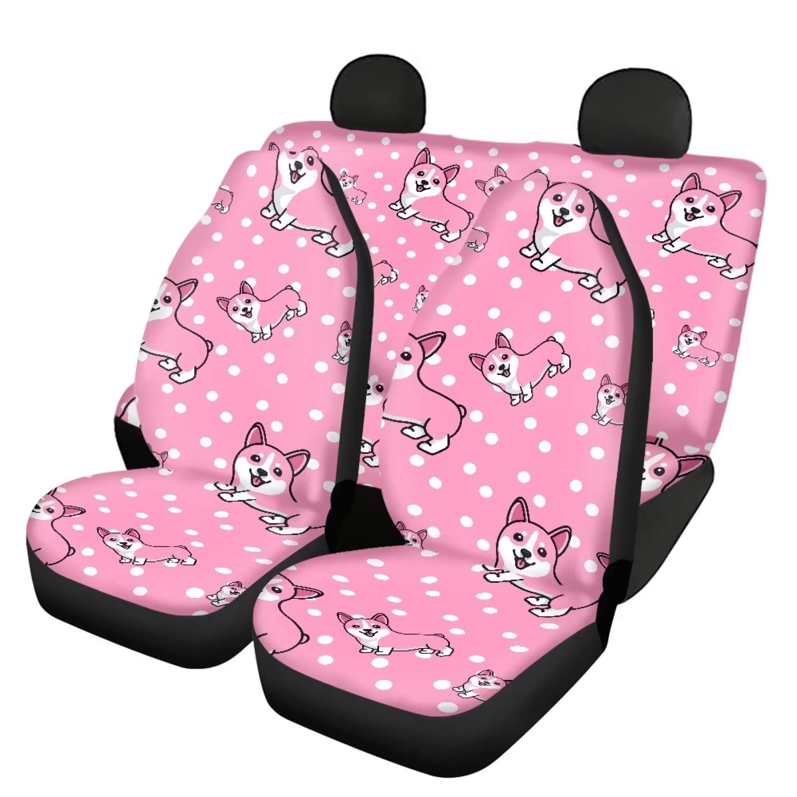 Modysero Polka Dots Corgi Print Pink Car Set Cover Full Set Durable Soft Front Rear Bench Seat Cover Set for Women Elastic Breathable Automotive Seat Protector Universal Fit All Cars Trucks