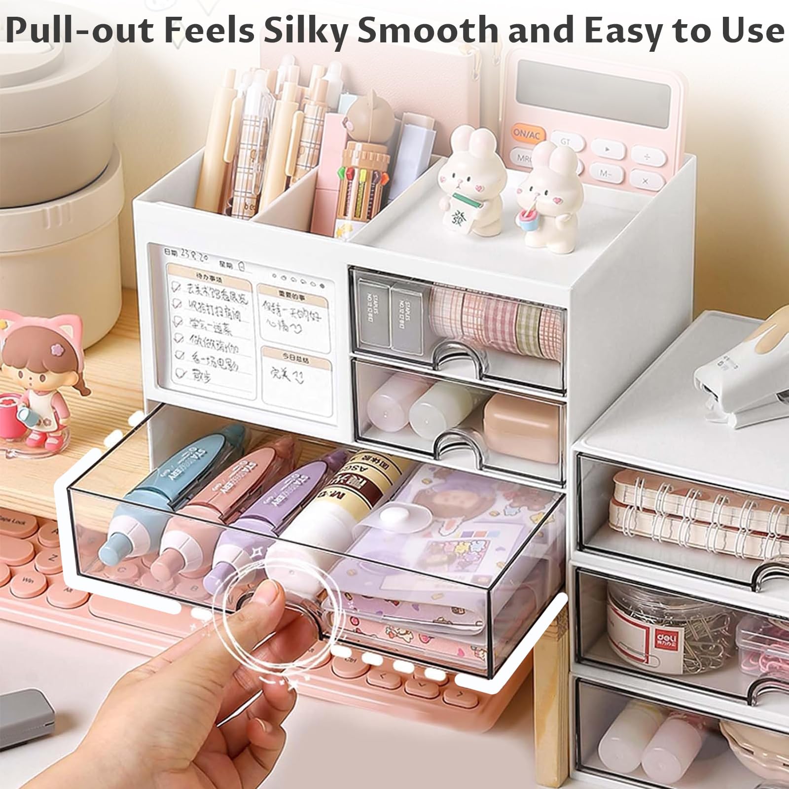 Organizer Da Scrivania Multifunzionale - Con 4 Scomparti E 3 Cassetti Trasparenti, Bianco - Foto 10