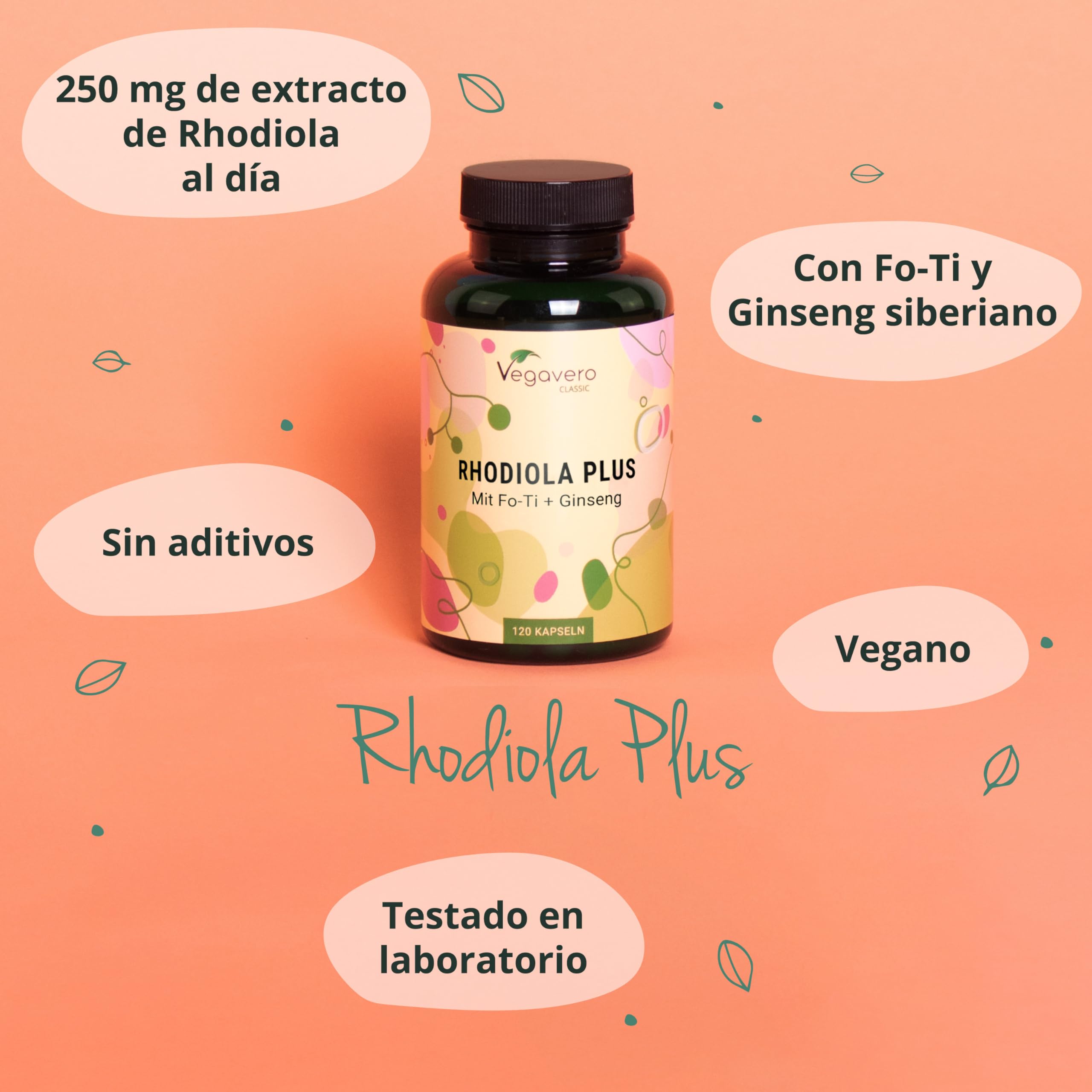 Rhodiola Rosea PLUS Vegavero® | Con Ginseng Siberiano + Fo Ti (He Shou Wu) | Nootrópicos, Memoria, Concentración | Sin Aditivos | 120 Cápsulas | Vegano
