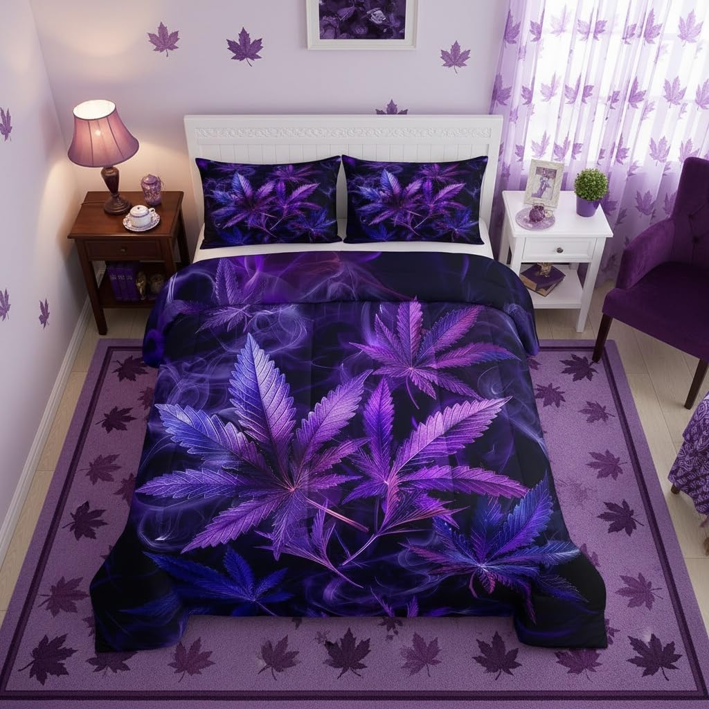 Manfei Cannabis Leaf Comforter Set,Marijuana Leaf Weed Psychedelic Bedding Set for Kids Teens Bedroom,Neon Teal Green Leaves Botanical Trippy Quilt Set 2 Pcs with 1 Pillowcase,Toddler