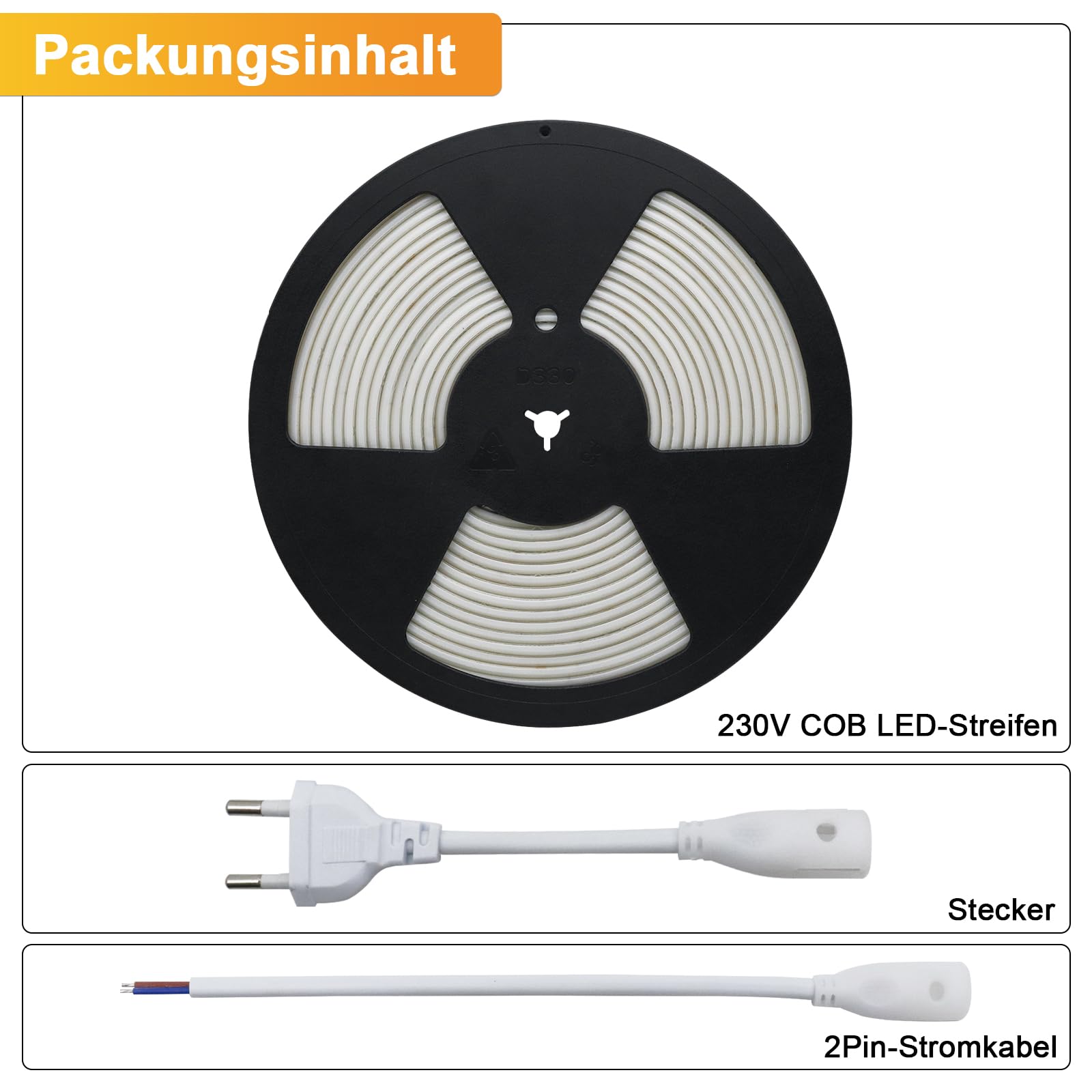 COB LED Streifen 230V 10m Warmweiß 3000K IP67 dimmbar | 296 LEDs/m, direkt an AC 230V ohne Trafo, zuschneidbar alle 12,5 cm, PVC Schlauch für Innen & Außen