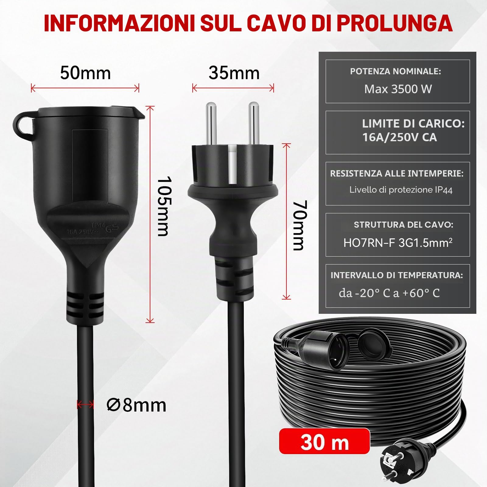 Prolunga elettrica 30 metri per esterni, Cavo di prolunga con cappuccio di protezione, Prolunga Impermeabile HO7RN-F 3G1.5mm², per Casa, Ufficio, Negozio, Lavoro