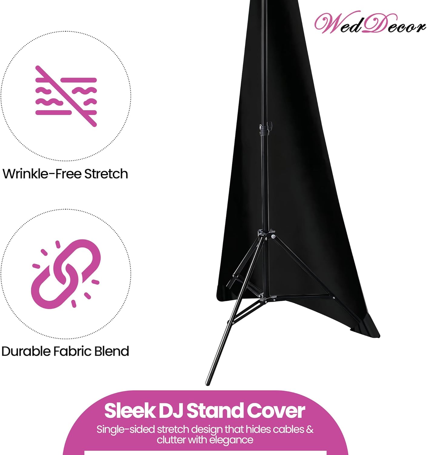 WedDecor Black Single Sided Stretchable Tripod DJ Speaker Stand Cover for Weddings, Banquets, Birthdays, Reception, Parties, Special Events, Washable, 1pc