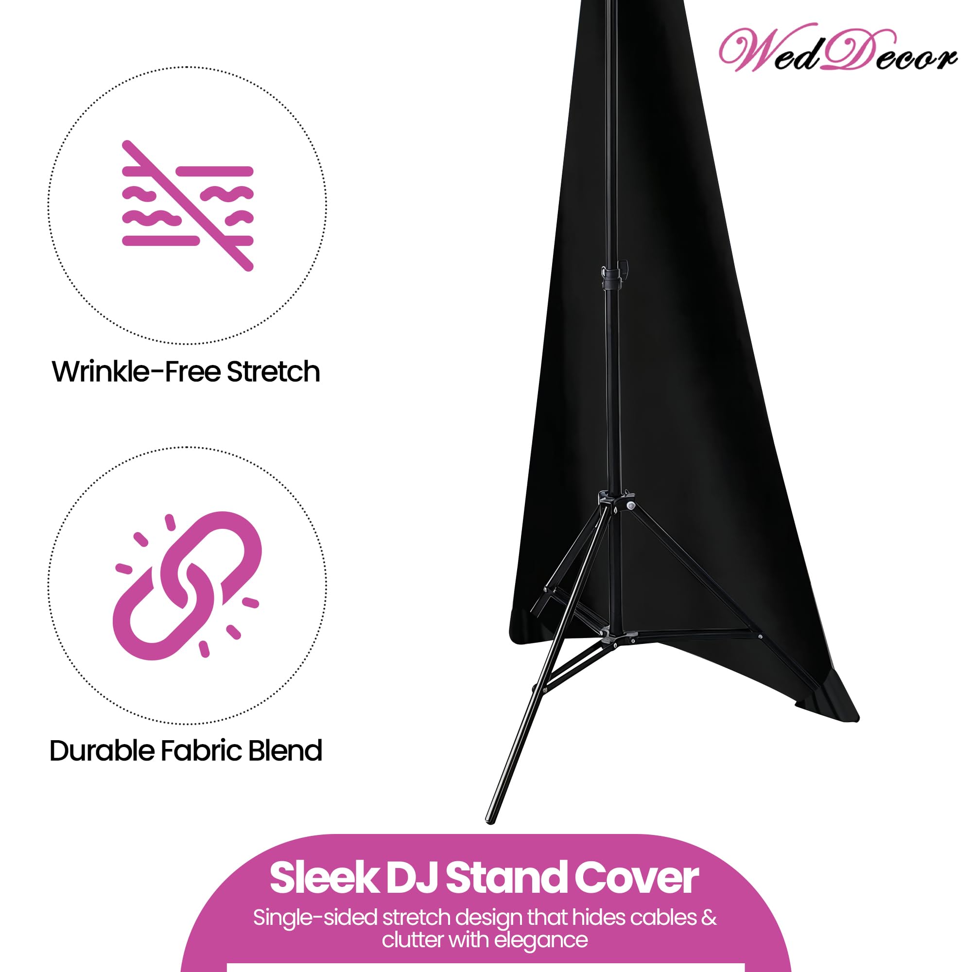 WedDecor Cubierta de soporte para altavoz de DJ con trípode elástico de una sola cara para bodas, banquetes, cumpleaños, recepción, fiestas, eventos especiales, lavable, 10 unidades
