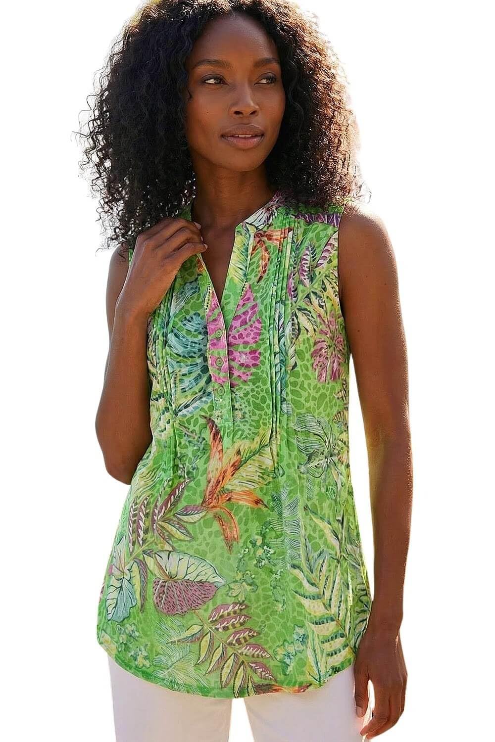 Roman Pintuck Sleeveless Shirt for Women UK Ladies Vest Tank Top Summer Smart Blouse Stretchy Jersey T-Shirt Casual Spring Holiday Party Vacation Notch Neck - Lime - Size 16