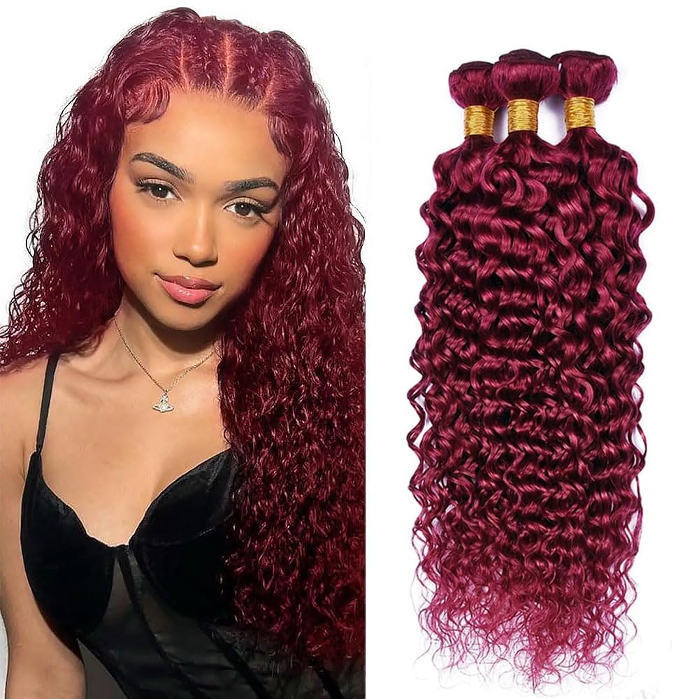 Color #99J Burgundy Human Hair Bundles Wine Red Water Wave 3 Bundles Human Hair 22 24 26 Inch 50G Double Weft Grade 12A Unprocessed Virgin Remy Hair Extensions 50g Per Bundle