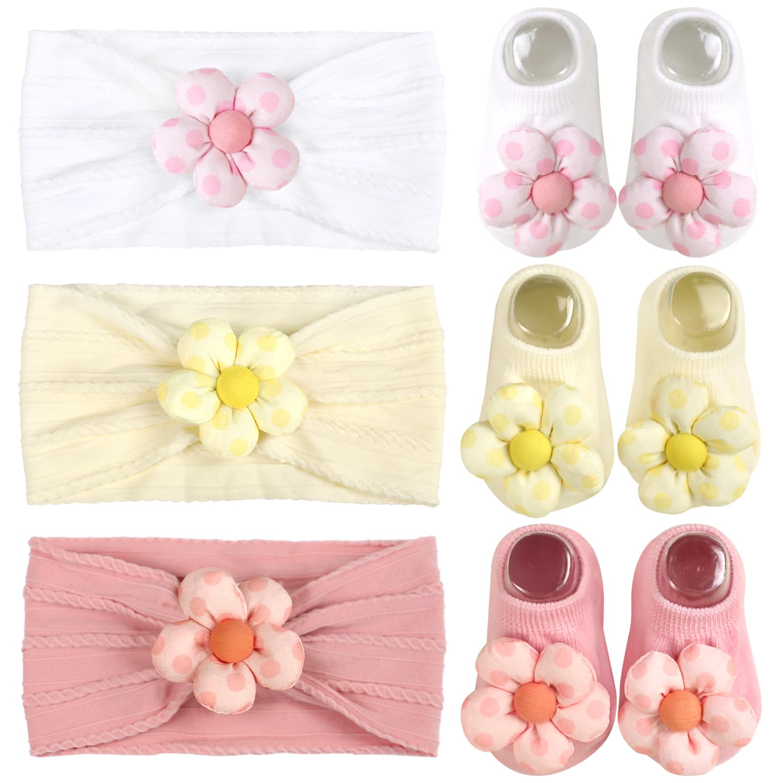 MIUXUESO Diademas y calcetines para bebés niñas recién nacidas, diademas con flores, calcetines antideslizantes, accesorios de nailon para el cabello, bebés y niños pequeños, color rosa, de 6 a 12 meses