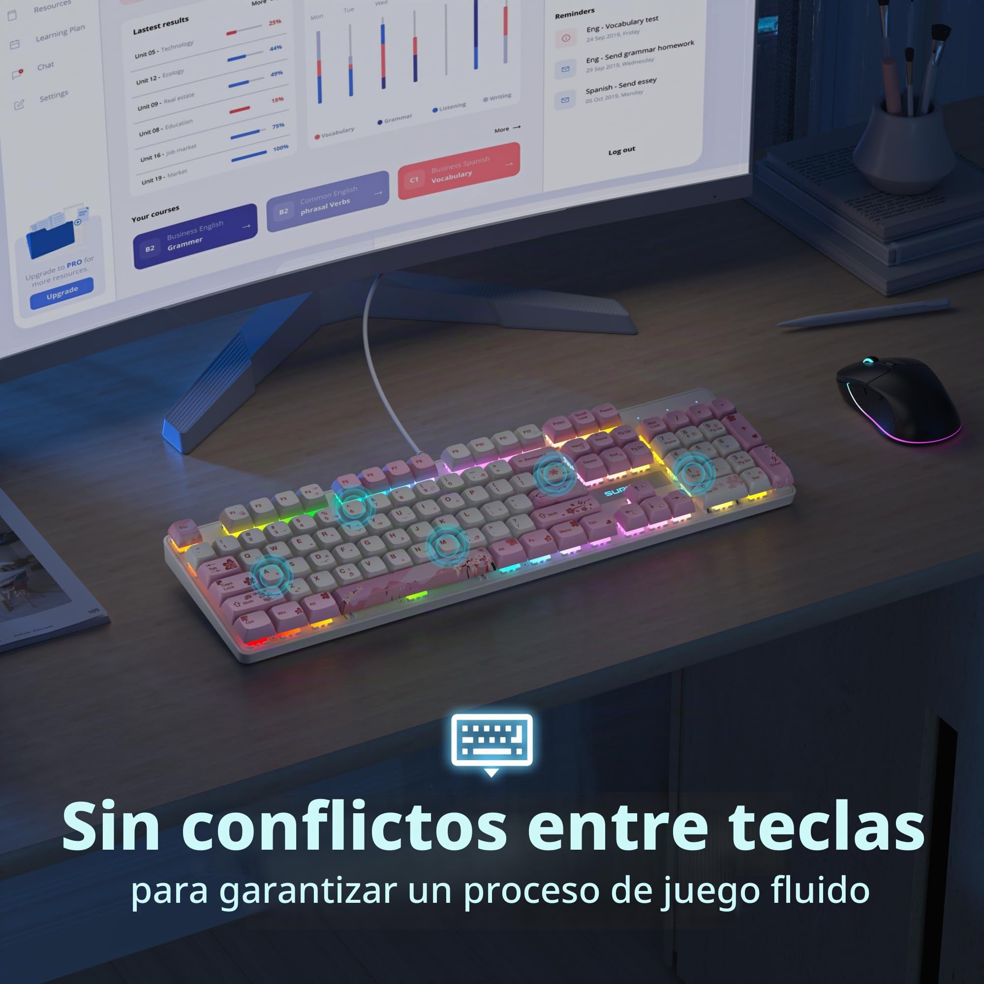SOLIDEE Teclado mecánico para Juegos 104 Teclas,US Layout QWERTY,100% Teclado para Juegos retroiluminado RGB con Teclado numérico,Teclado mecánico NKRO para portátil Windows(104 Flower)