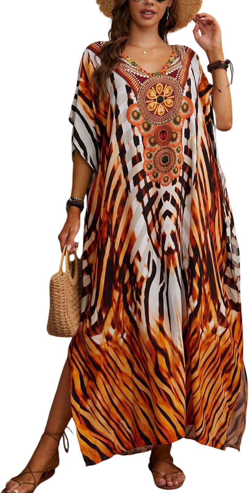 Women's Plus Size Animal Print V-Neck Batwing Kaftan Beach Dress Bathing Suit Cover-Up Loungewear