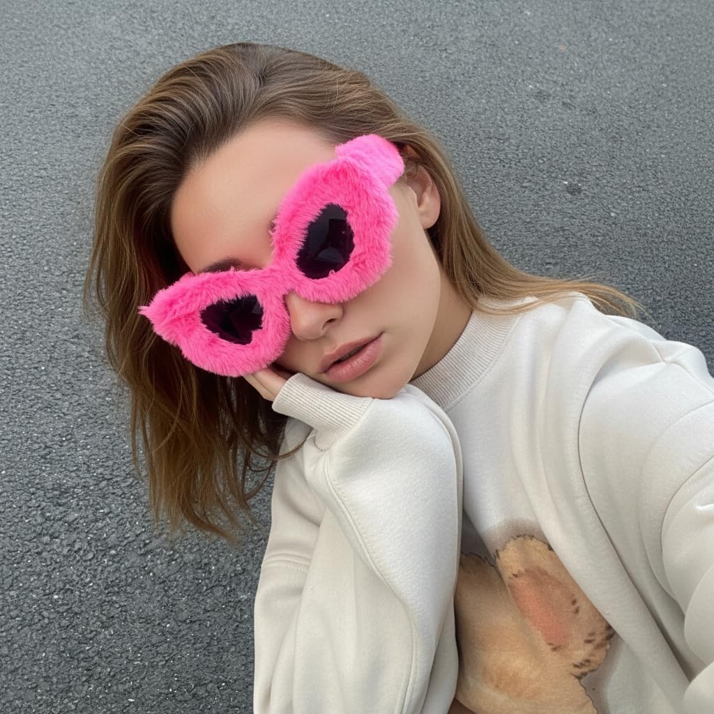 LASPOR Women Plush Fuzzy Cat Eye Sunglasses Punk Soft Velvet Shades Ladies UV400 Handmade Party Eyewear