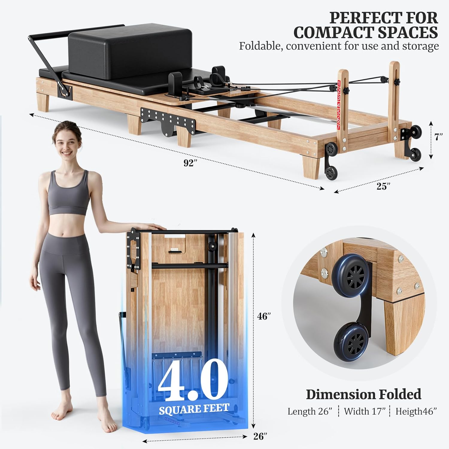 Pilates Reformer 92" Wooden Foldable Reformer Pilates Machine with Springs Pilates Equipment with Jump Board Box 6 Springs for Home Workouts Gym for All Level Users Up to 500 LBS