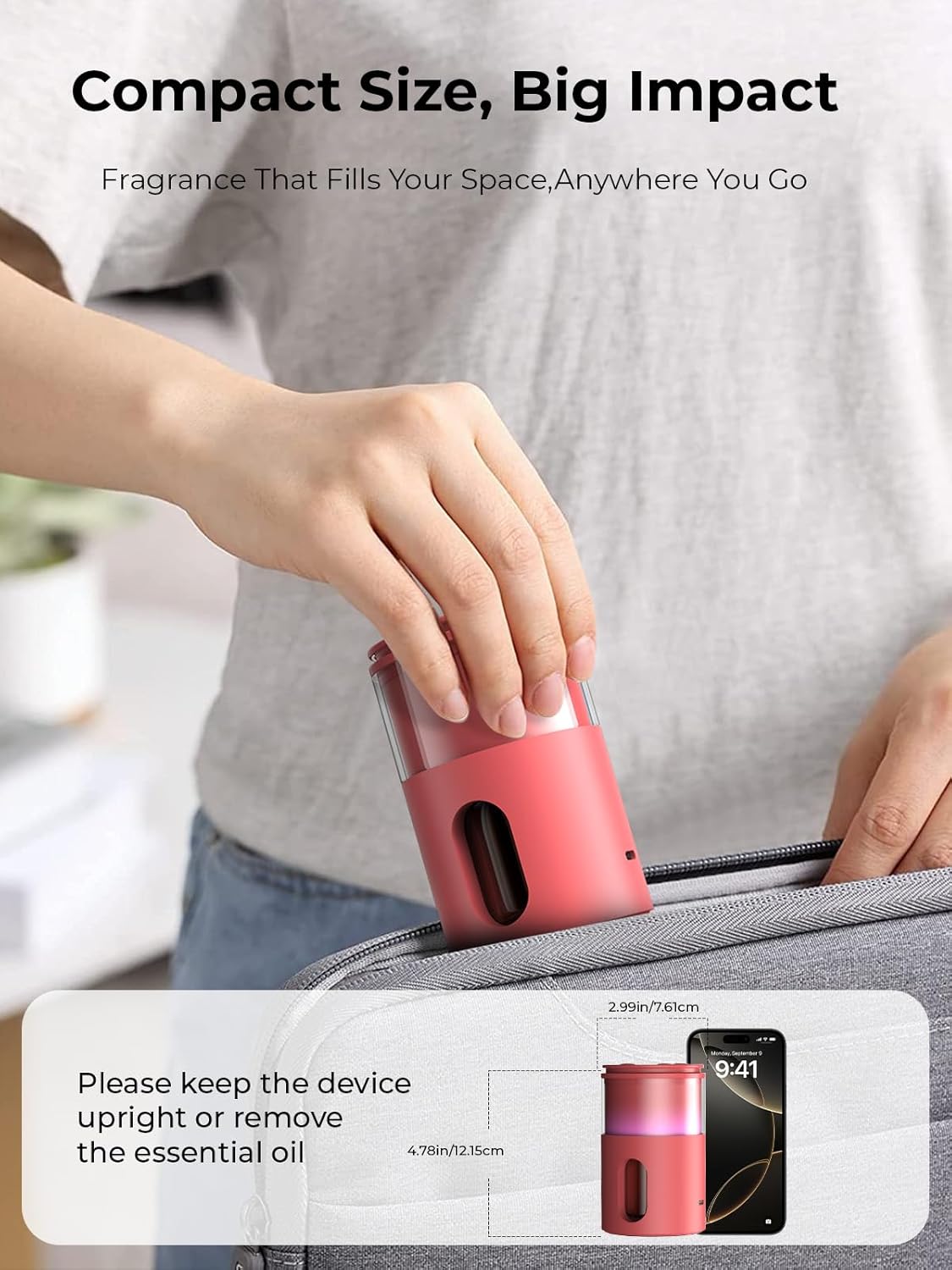 Waterless Diffuser for Essential Oil: Mini Battery Scent Diffuser for Room&Home&Car with 9 Colors LED Light - Aroma Cool Mist Machine Bright Red