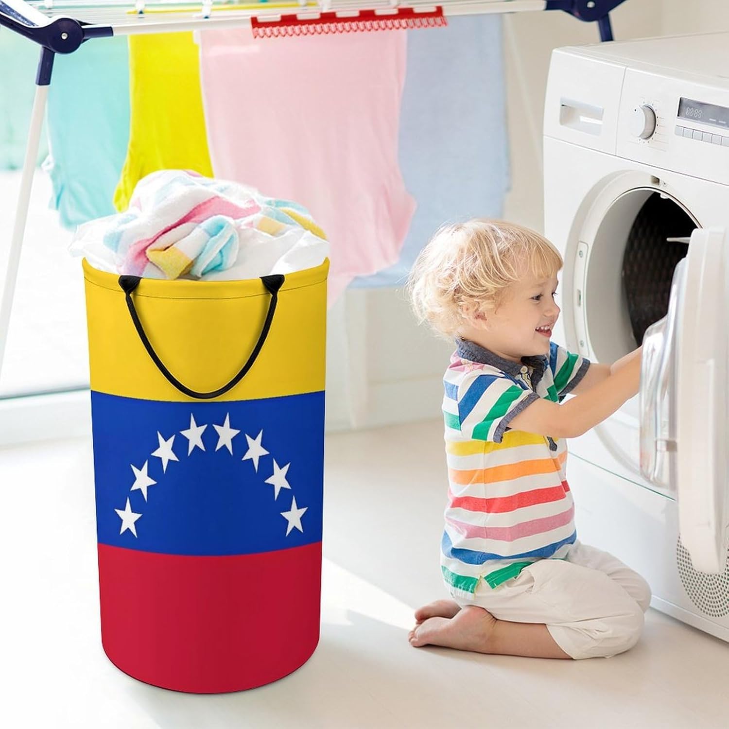 Flag of Venezuela Laundry Hamper with Handles Waterproof Collapsible Laundry Basket Large Lightweight Round Dirty Clothes Hamper for Home Dorm Bathroom Decor