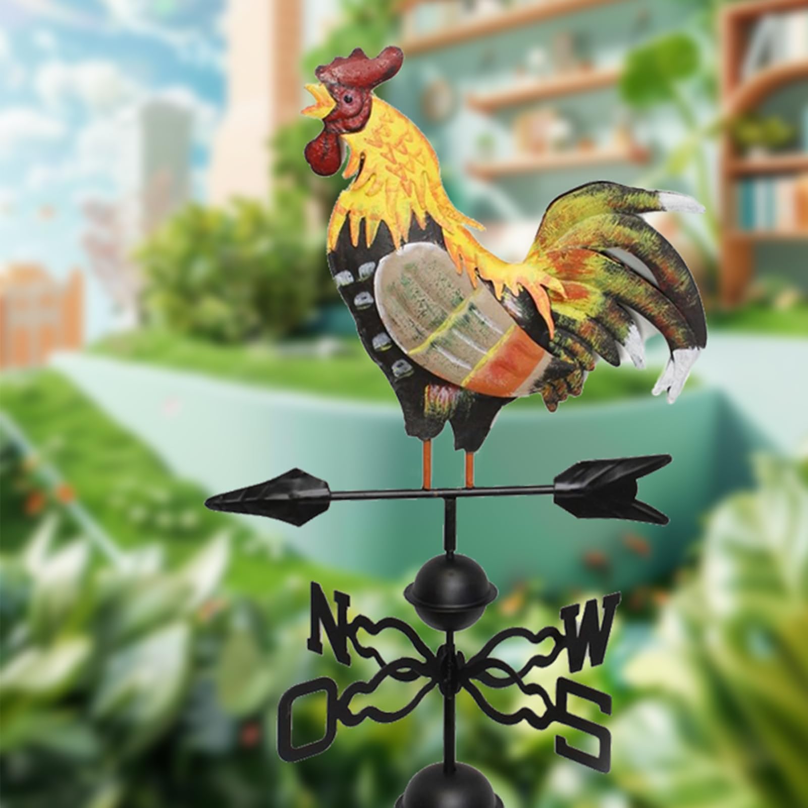 Veleta colorida de gallo de metal con indicador de viento, forma de gallo, 120 x 30 cm