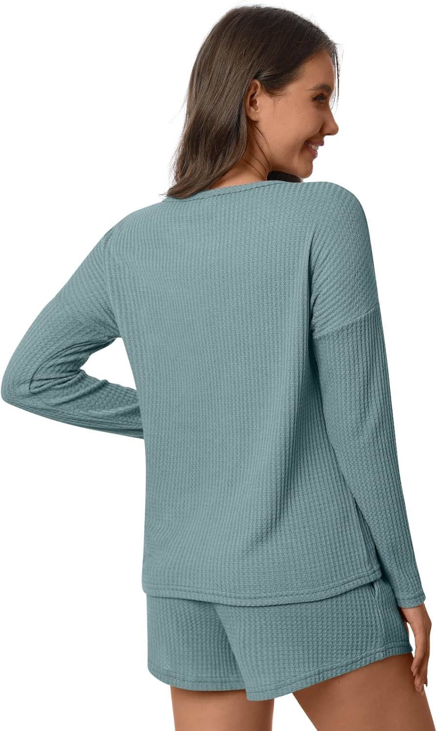 Anyhold Womens Waffle Knit Pajama Sets Lounge Sets Long Sleeve Top and Shorts Loungewear 2 Piece with Pockets - Image 4