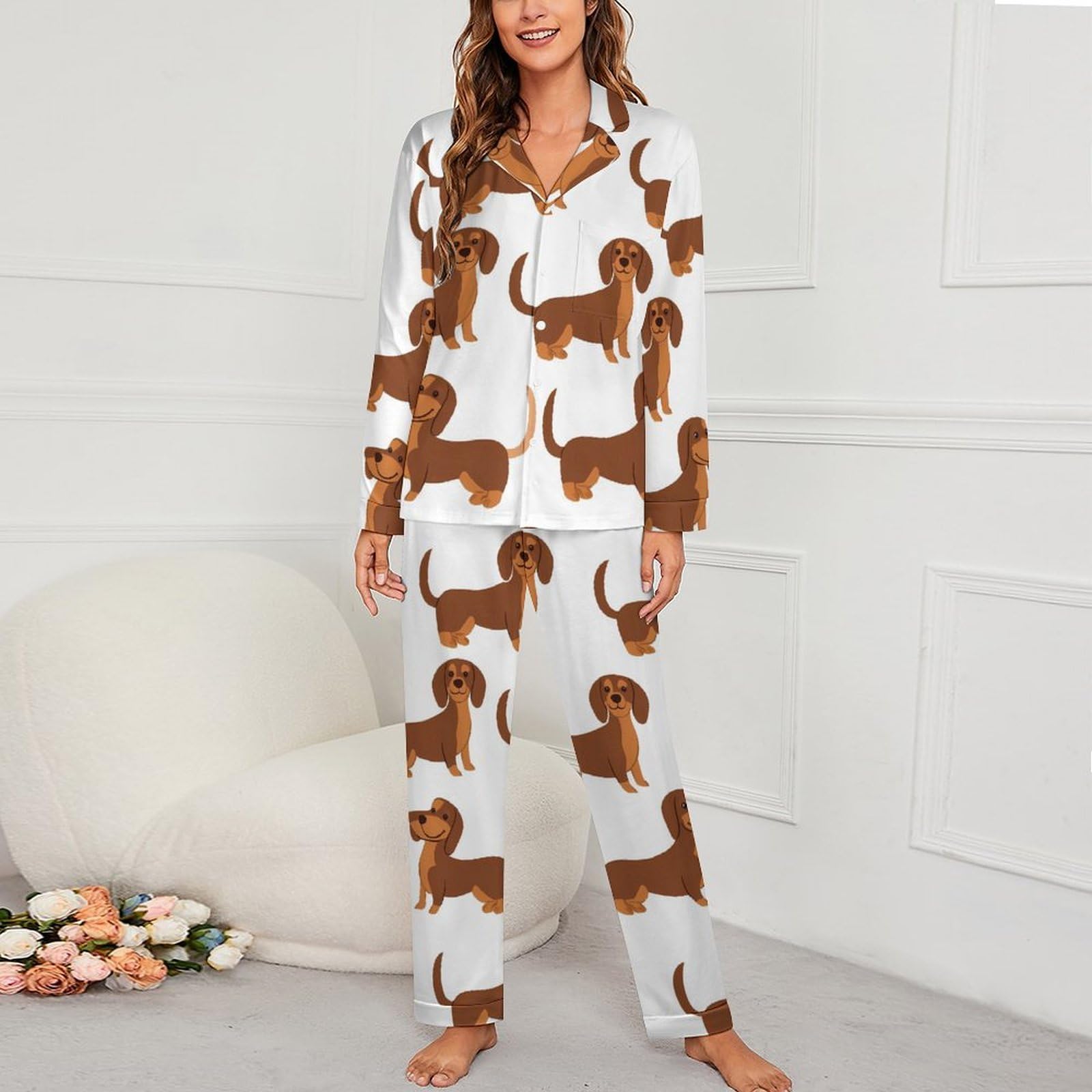 Conjunto de pijama elegante para mujer con estampado de perros salchicha, manga larga, botones y pantalones, ropa de descanso, ropa de dormir