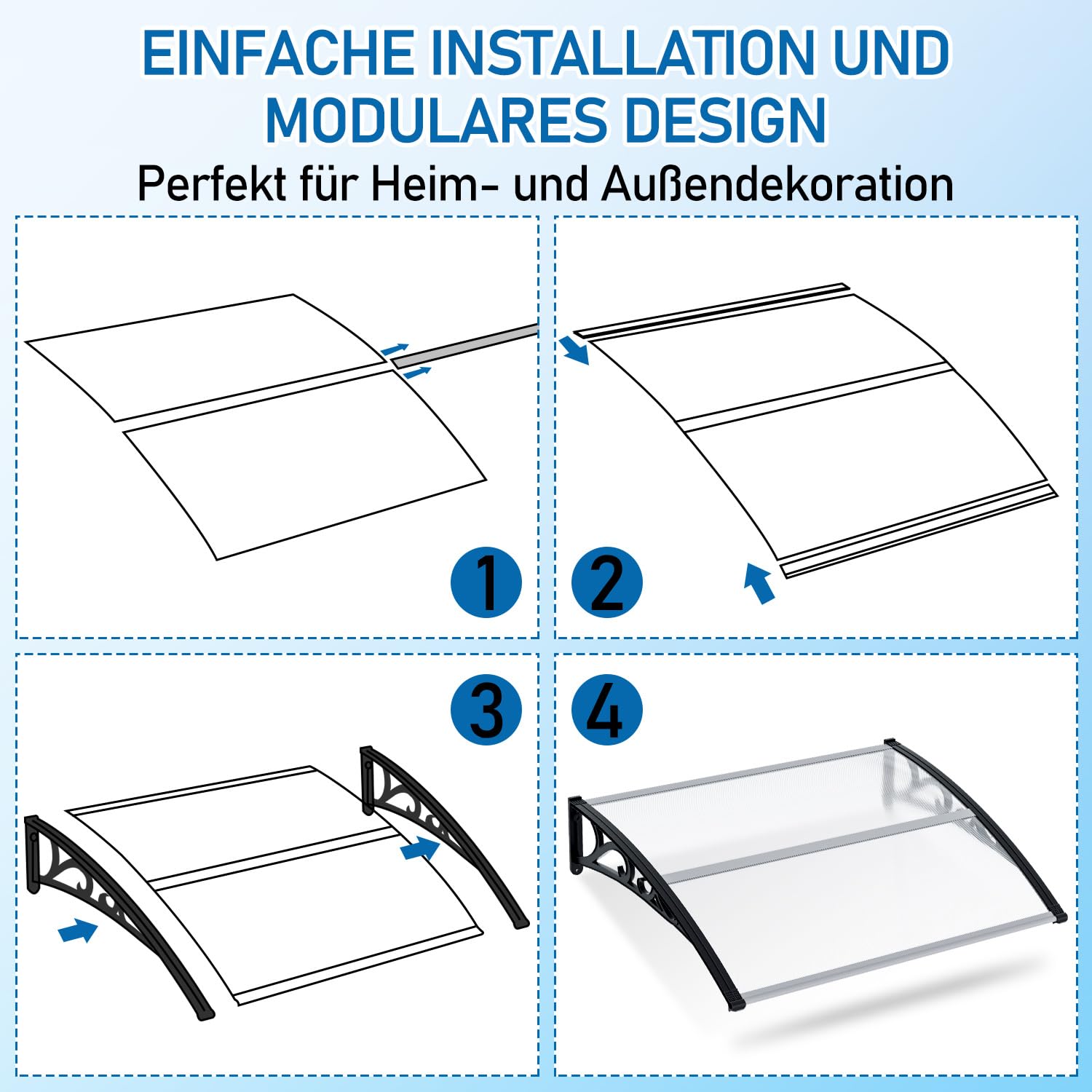 Vordach für Haustür 100x120 cm, Pultbogenvordach aus Transparentem Polycarbonat 5.2 mm mit Aluminiumrahmen, Türdach außen Wetterfest, Regen- Schnee- und UV-Schutz