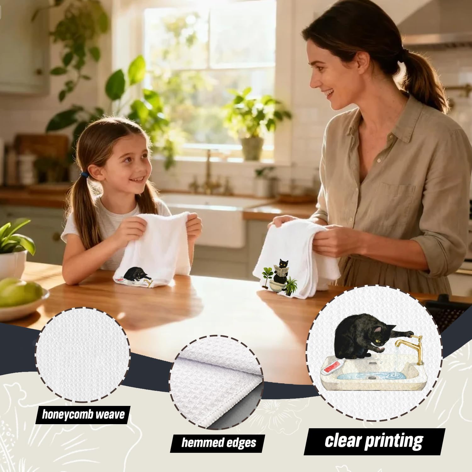 Funny Black Cat Bathroom Hand Towels, Cats Lover Lady Mom Gifts for Women, Vintage Botanical Black Kitten Decorative Hand Towels for Bathroom Washroom Restroom Toilet, 16x24 Inch Set of 3 - Image 3