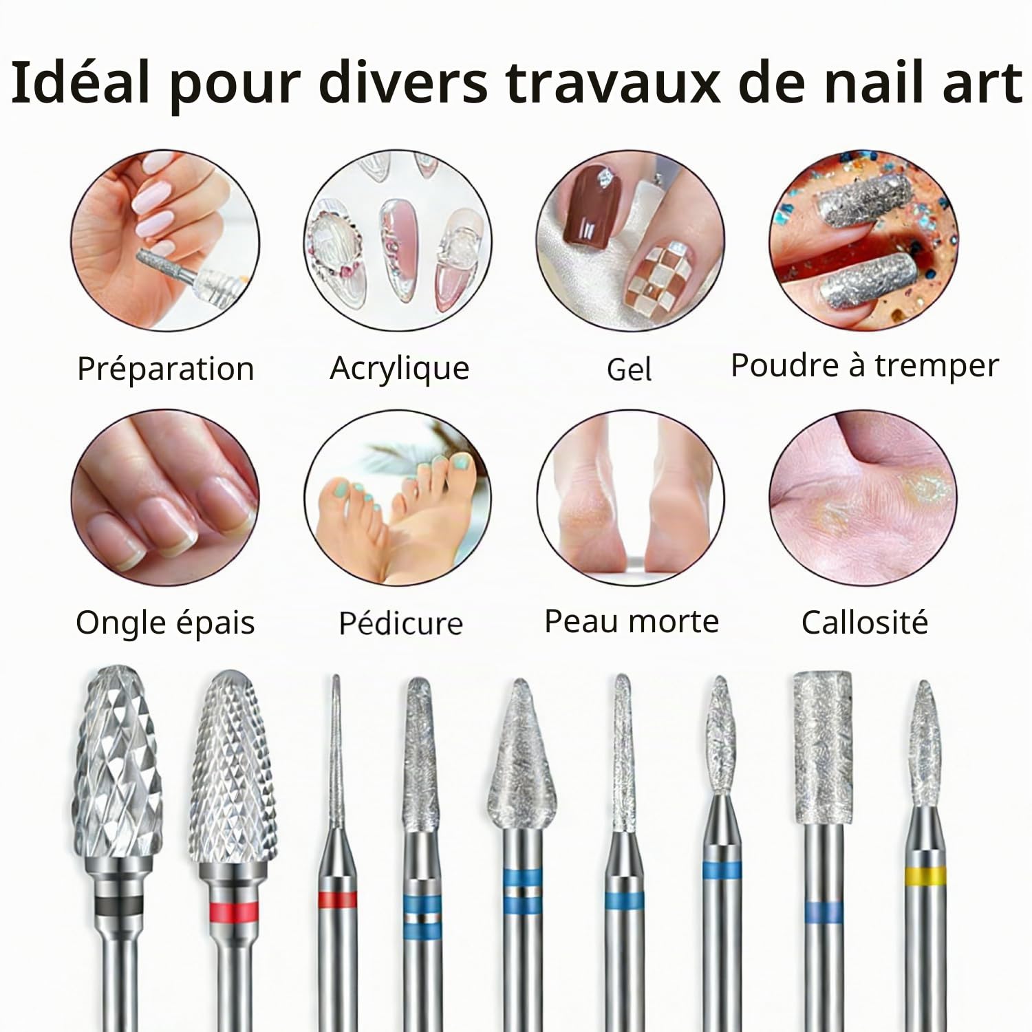 30 foret à ongles avec boîte pour Cuticules, Anti-blessure Pour Débutant | 3/32 Pouce Ponceuse ongles, Carbure Céramique Diamantés, Durable pour Ongles en Gel Acrylique