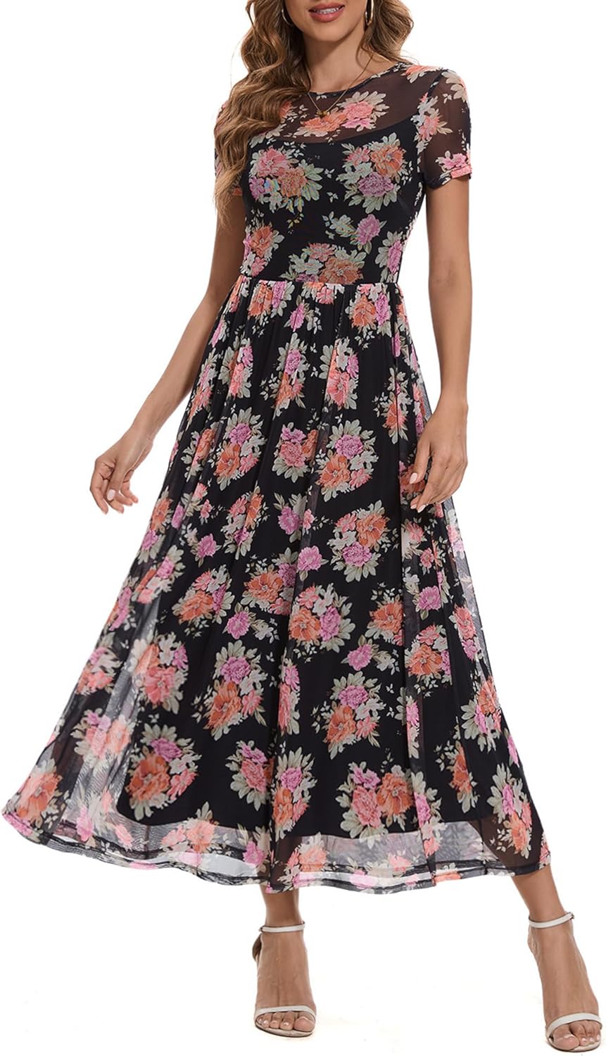 Summer Floral Mesh Maxi Dresses for Women 2025 Sexy Crew Neck Flowy Swing Long Work Cocktail Dress for Wedding Guest